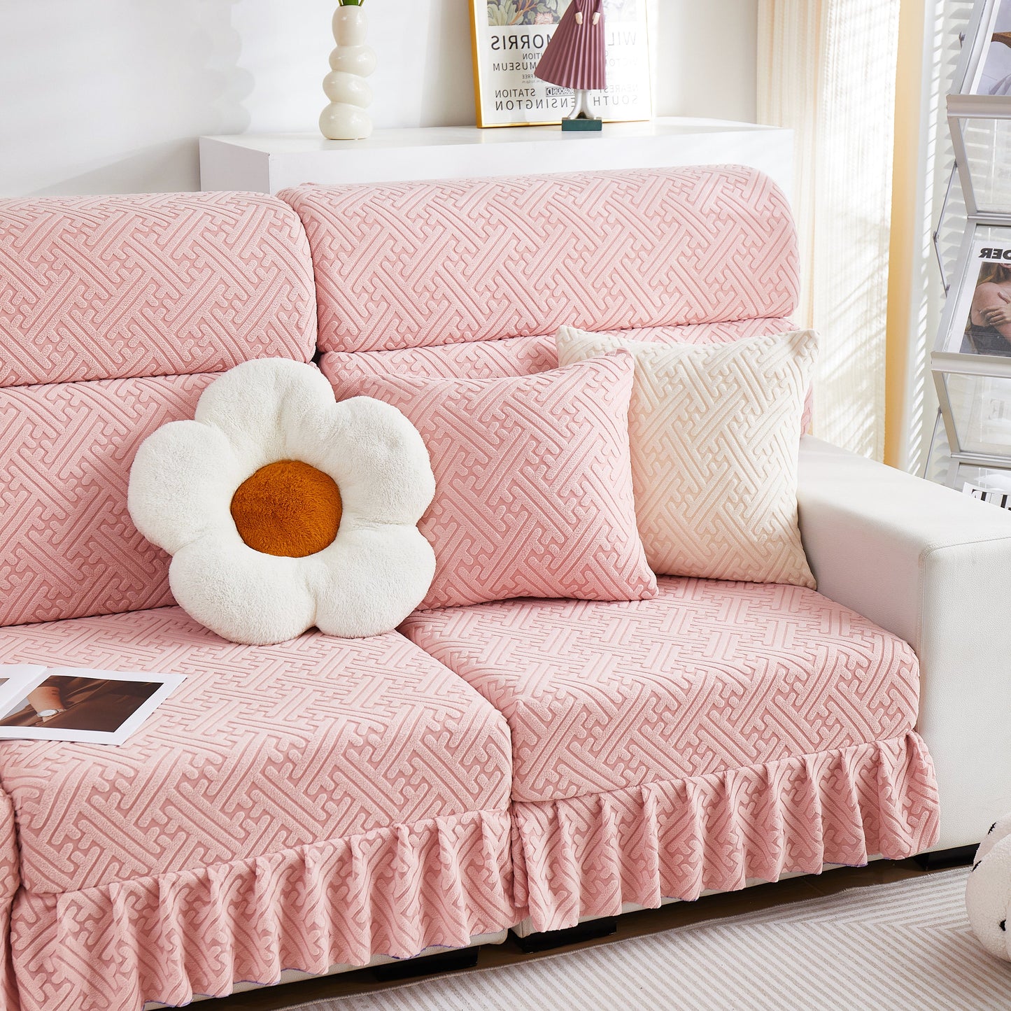 Stretch Sofa Covers with Skirt for Couch Seat and Cushion, Chaise, Sectional, 1/2/3/4 Seater Sofas in a living room setting