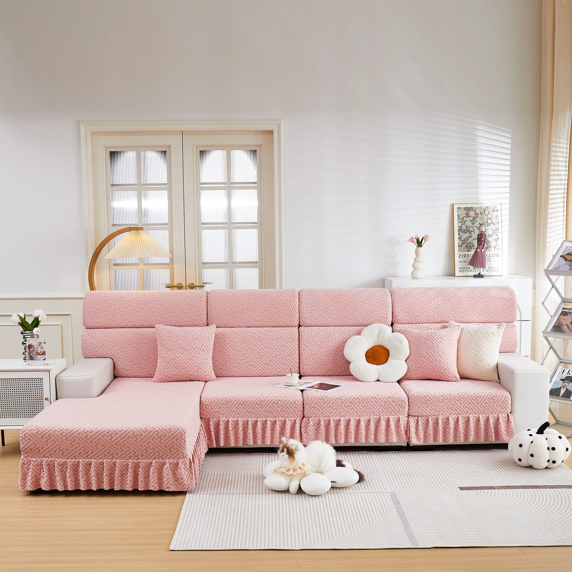 Stretch Sofa Covers with Skirt for Couch Seat and Cushion, Chaise, Sectional, 1/2/3/4 Seater Sofas in a stylish living room