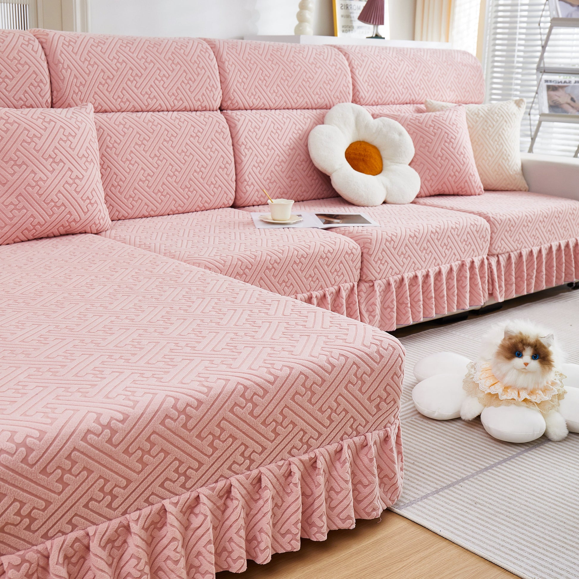 Pink Stretch Sofa Covers with Skirt for Couch Seat and Cushion, Chaise, Sectional, 1/2/3/4 Seater Sofas with stylish pattern