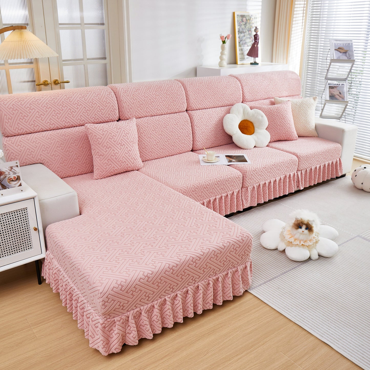 Stretch Sofa Covers with Skirt for Couch Seat and Cushion, Chaise, Sectional, 1/2/3/4 Seater Sofas in a living room setting