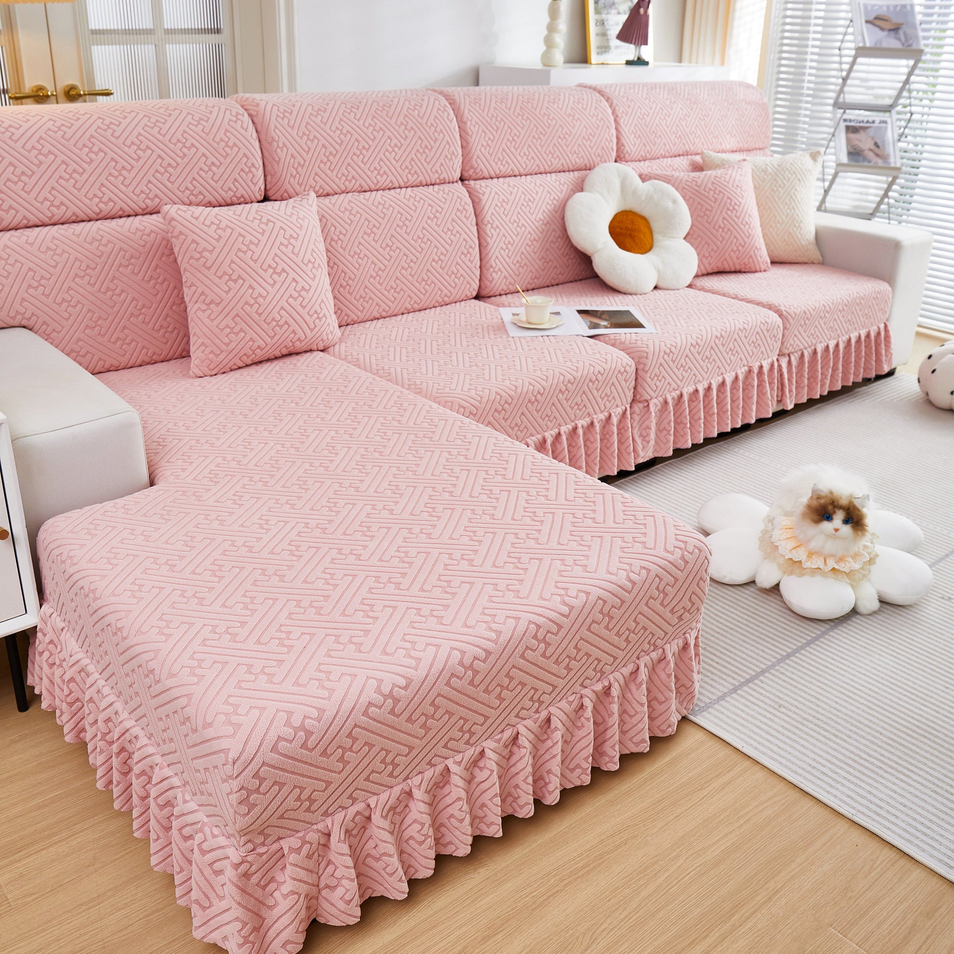 Stretch Sofa Covers with Skirt for Couch Seat and Cushion, Chaise in living room setting