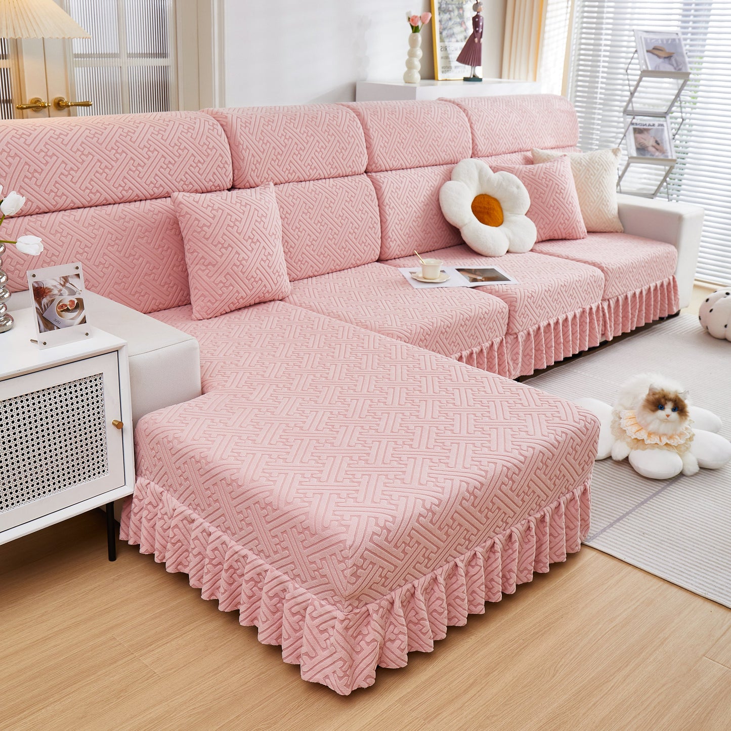 Stretch Sofa Covers with Skirt for Couch Seat and Cushion, Chaise, Sectional, 1/2/3/4 Seater Sofas in a modern living room setting