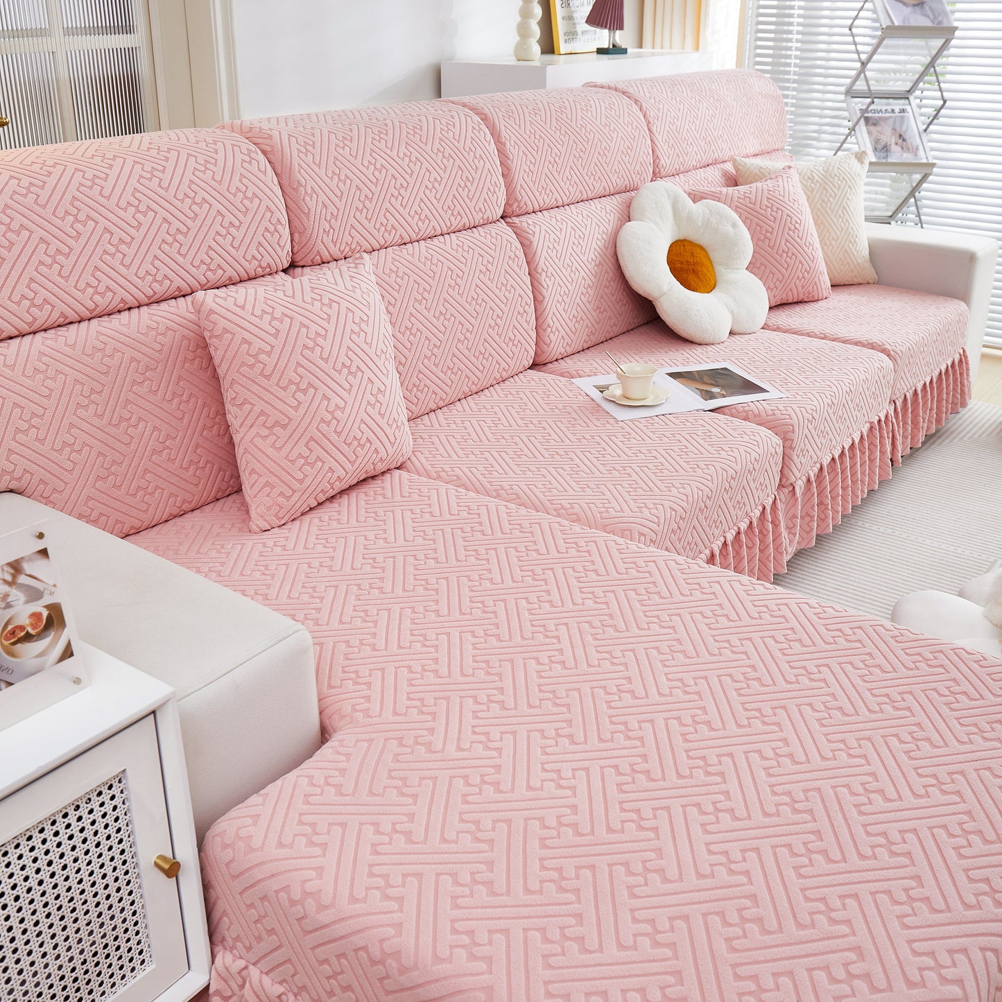 Stretch Sofa Covers with Skirt for Couch Seat and Cushion, Chaise, Sectional, 1/2/3/4 Seater Sofas in living room setting