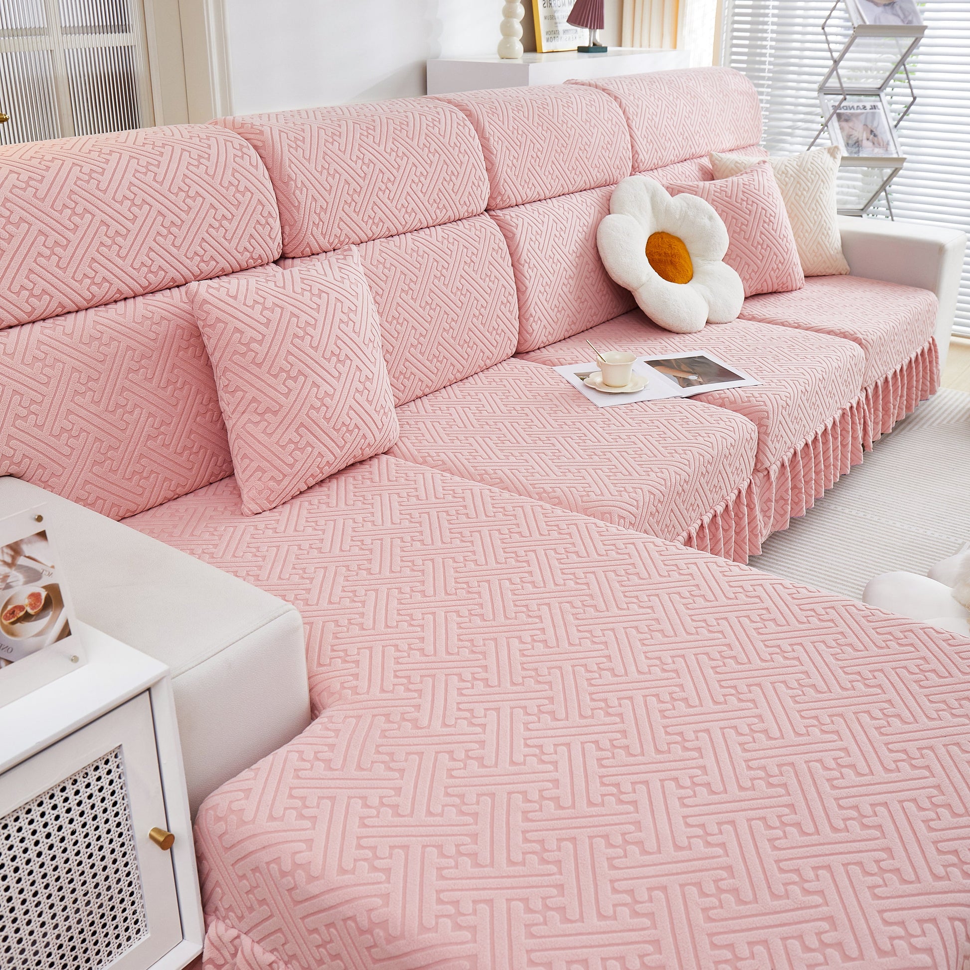 Stretch Sofa Covers with Skirt for Couch Seat and Cushion, Chaise, Sectional, 1/2/3/4 Seater Sofas in living room setting