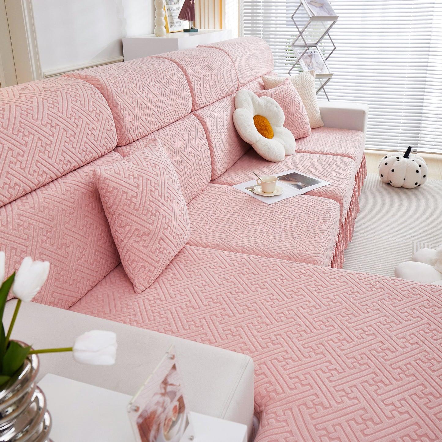 Stretch Sofa Covers with Skirt for Couch Seat and Cushion, Chaise, Sectional, 1/2/3/4 Seater Sofas in pink with floral accents
