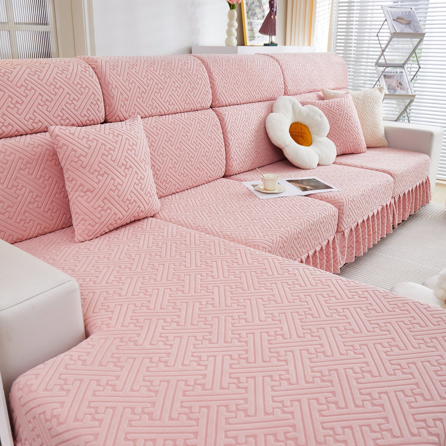 Stretch Sofa Covers with Skirt for Couch Seat and Cushion, Chaise, Sectional, 1/2/3/4 Seater Sofas in pink fabric, living room decor