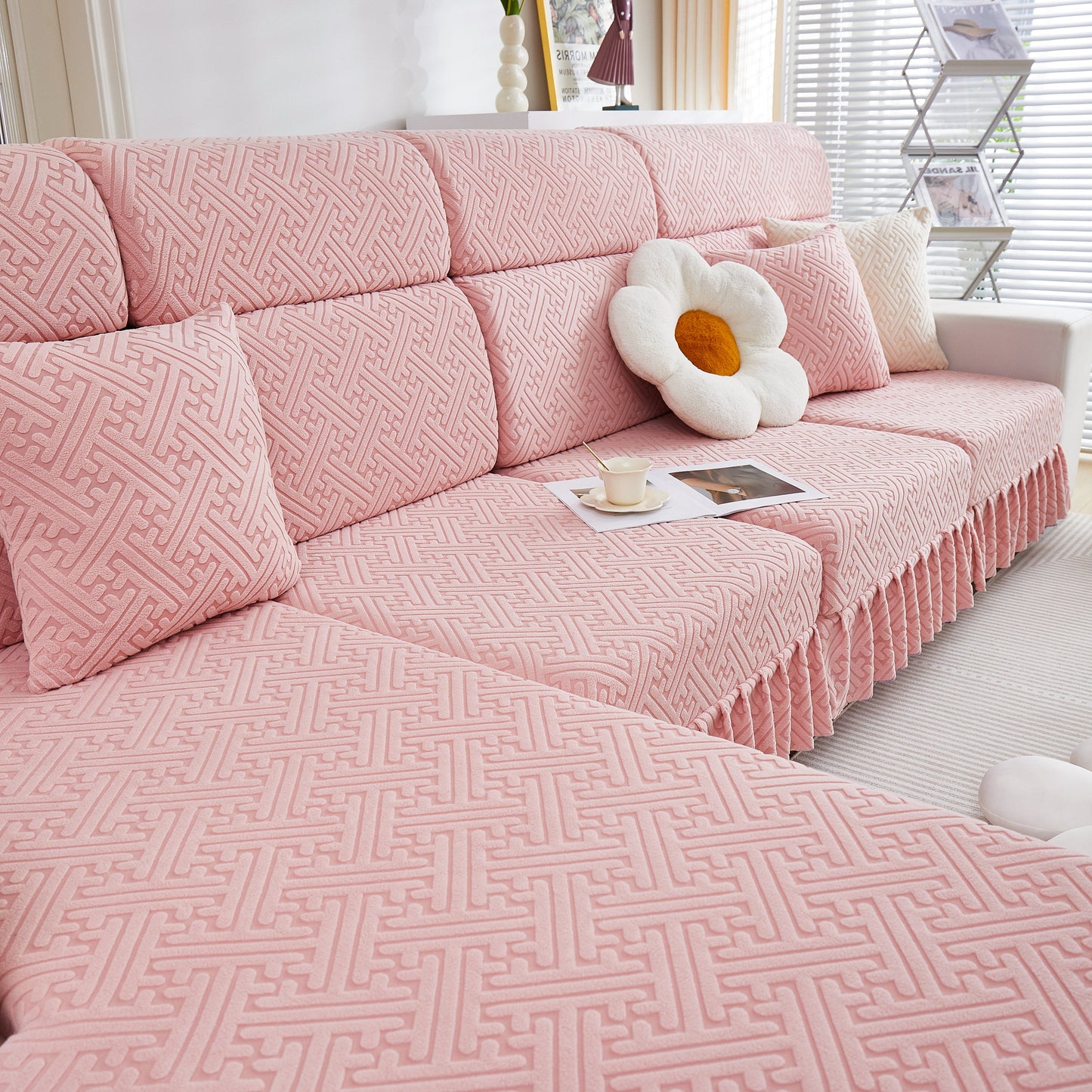 Stretch Sofa Covers with Skirt for Couch Seat and Cushion, Chaise, Sectional, 1/2/3/4 Seater Sofas in pink pattern design
