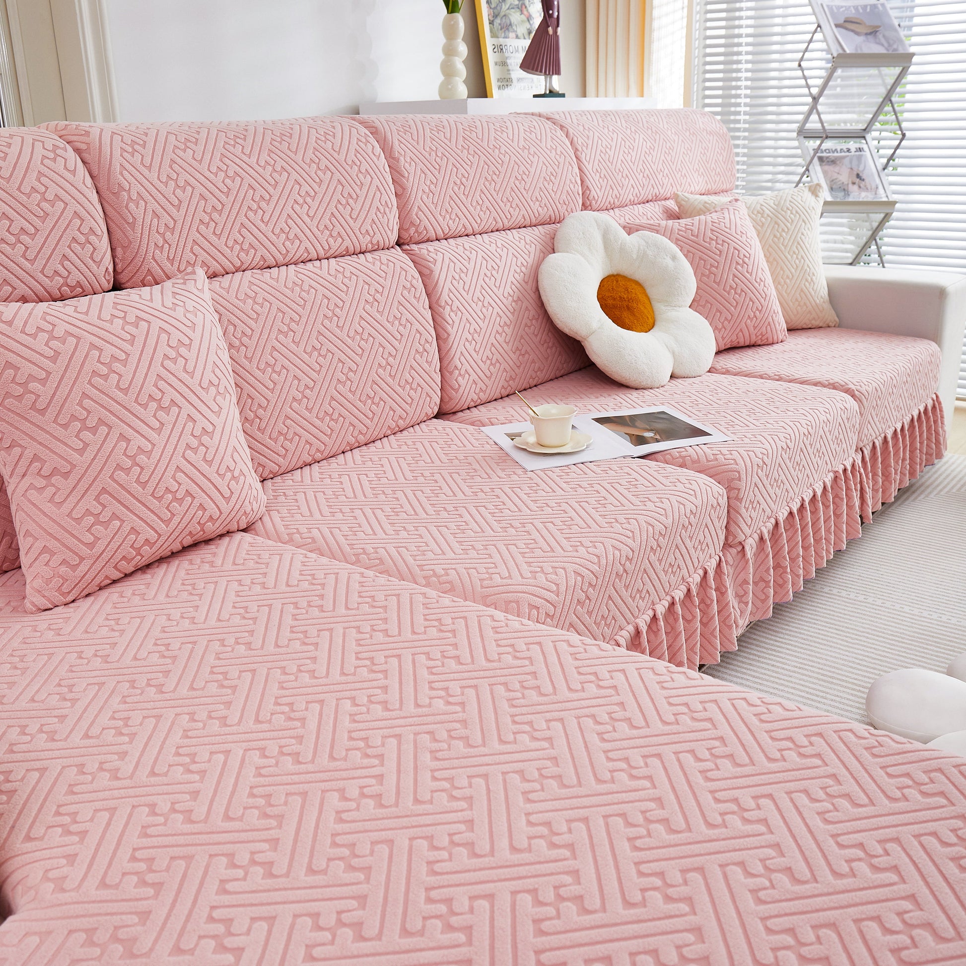 Stretch Sofa Covers with Skirt for Couch Seat and Cushion, Chaise, Sectional, 1/2/3/4 Seater Sofas in pink pattern design