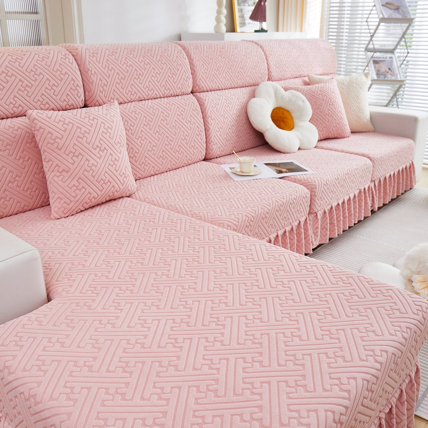 Stretch Sofa Covers with Skirt for Couch Seat and Cushion, Chaise, Sectional, 1/2/3/4 Seater Sofas in stylish pink pattern
