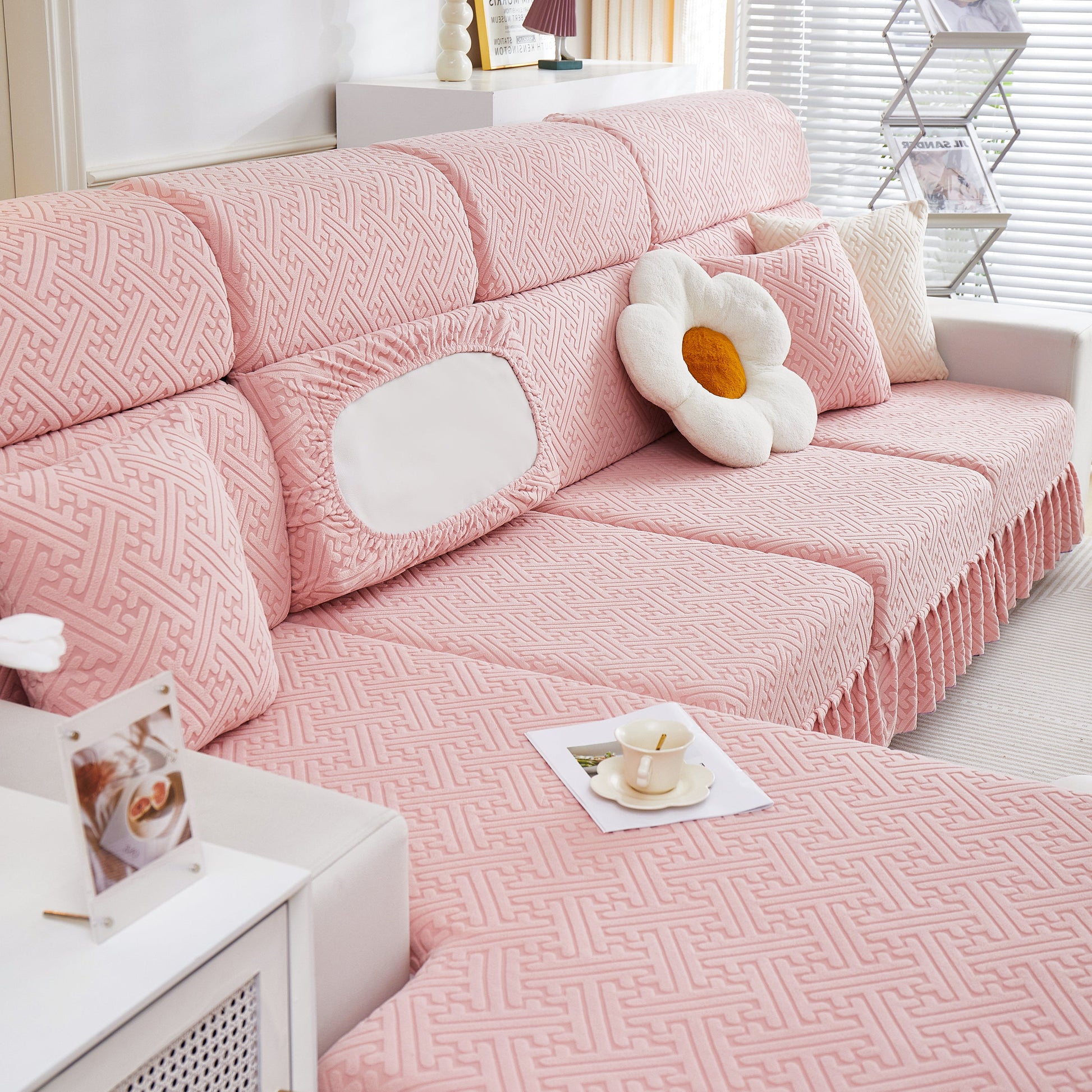 Stretch Sofa Covers with Skirt for Couch Seat and Cushion, Chaise, Sectional, 1/2/3/4 Seater Sofas in pink.