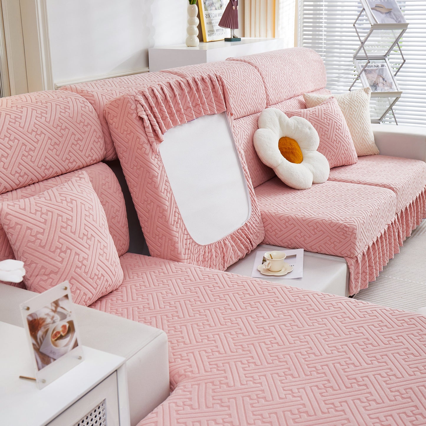Stretch Sofa Covers with Skirt for Couch Seat and Cushion, Chaise, Sectional, 1/2/3/4 Seater Sofas in a living room setting