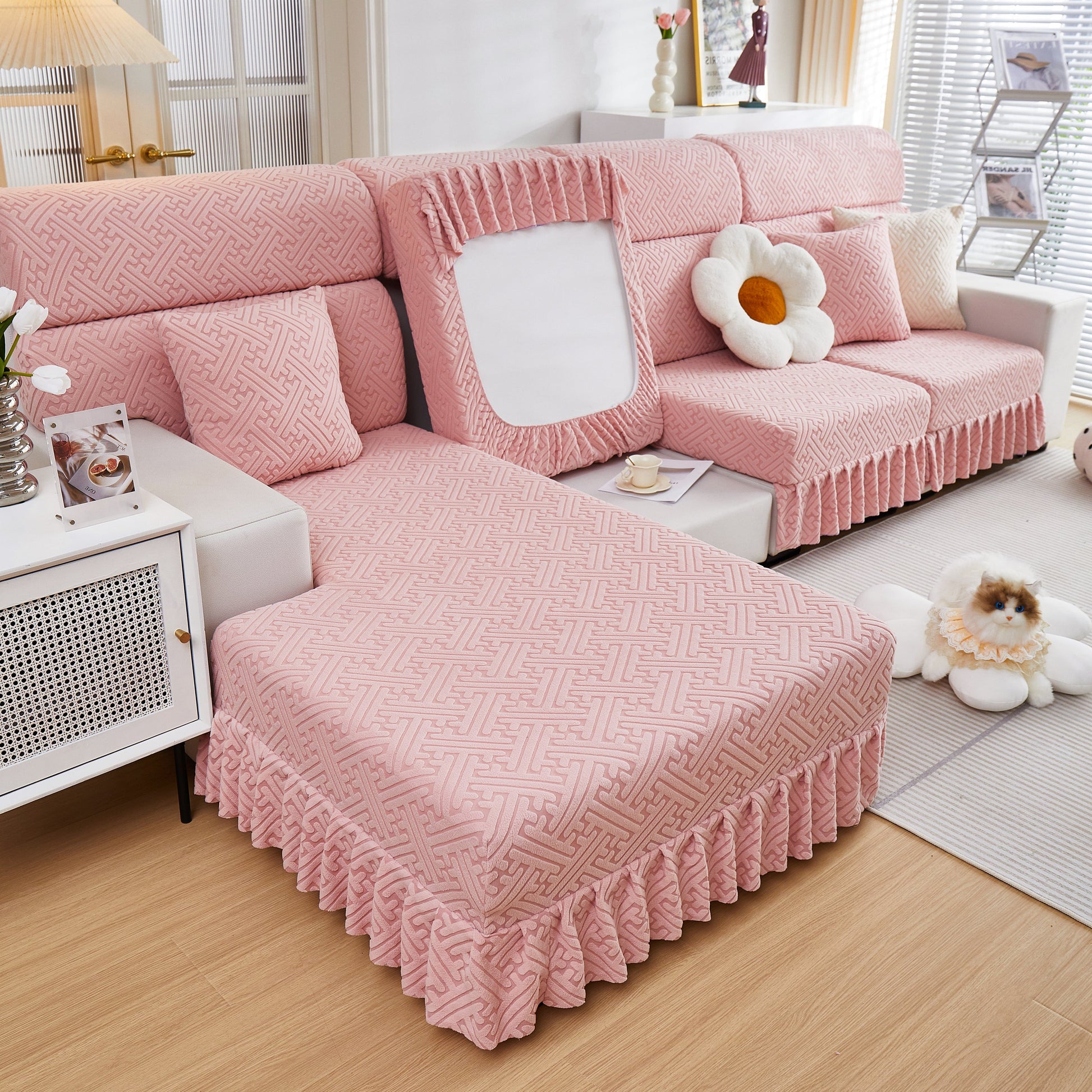 Stretch Sofa Covers with Skirt for Couch Seat and Cushion, Chaise, Sectional, 1/2/3/4 Seater Sofas in a living room setup