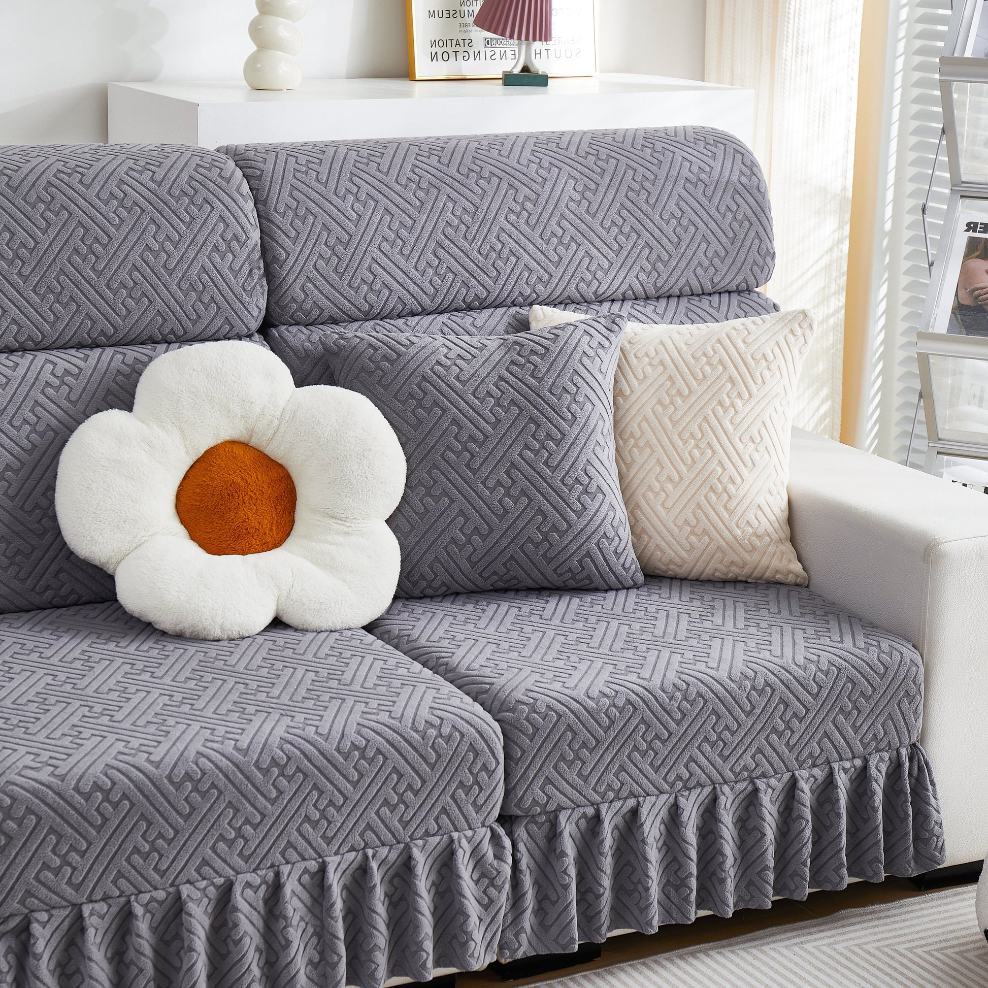 Stretch Sofa Covers with Skirt for Couch Seat and Cushion, Chaise, Sectional, 1/2/3/4 Seater Sofas, grey pattern on sofa.