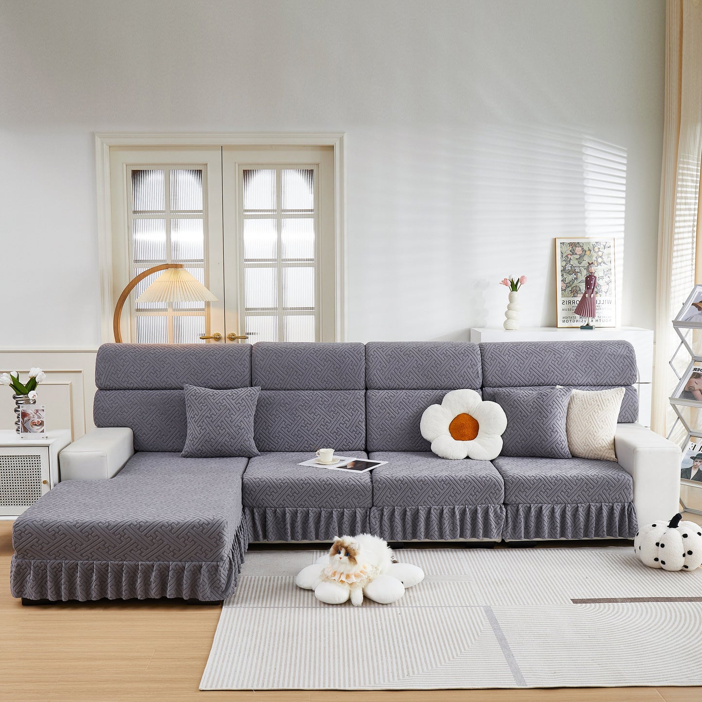 Stretch Sofa Covers with Skirt for Couch Seat and Cushion, Chaise, Sectional, 1/2/3/4 Seater Sofas in a modern living room