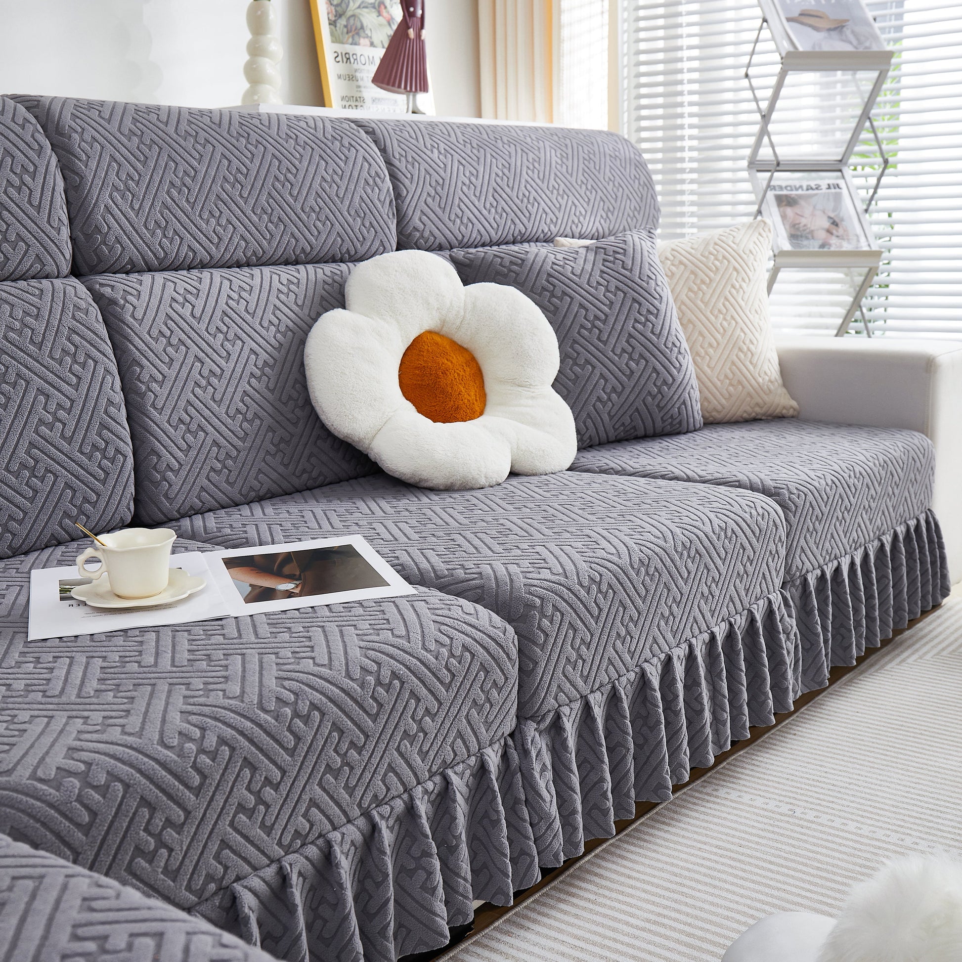 Stretch Sofa Covers with Skirt for Couch Seat and Cushion, Chaise, Sectional, 1/2/3/4 Seater Sofas in a modern living room.