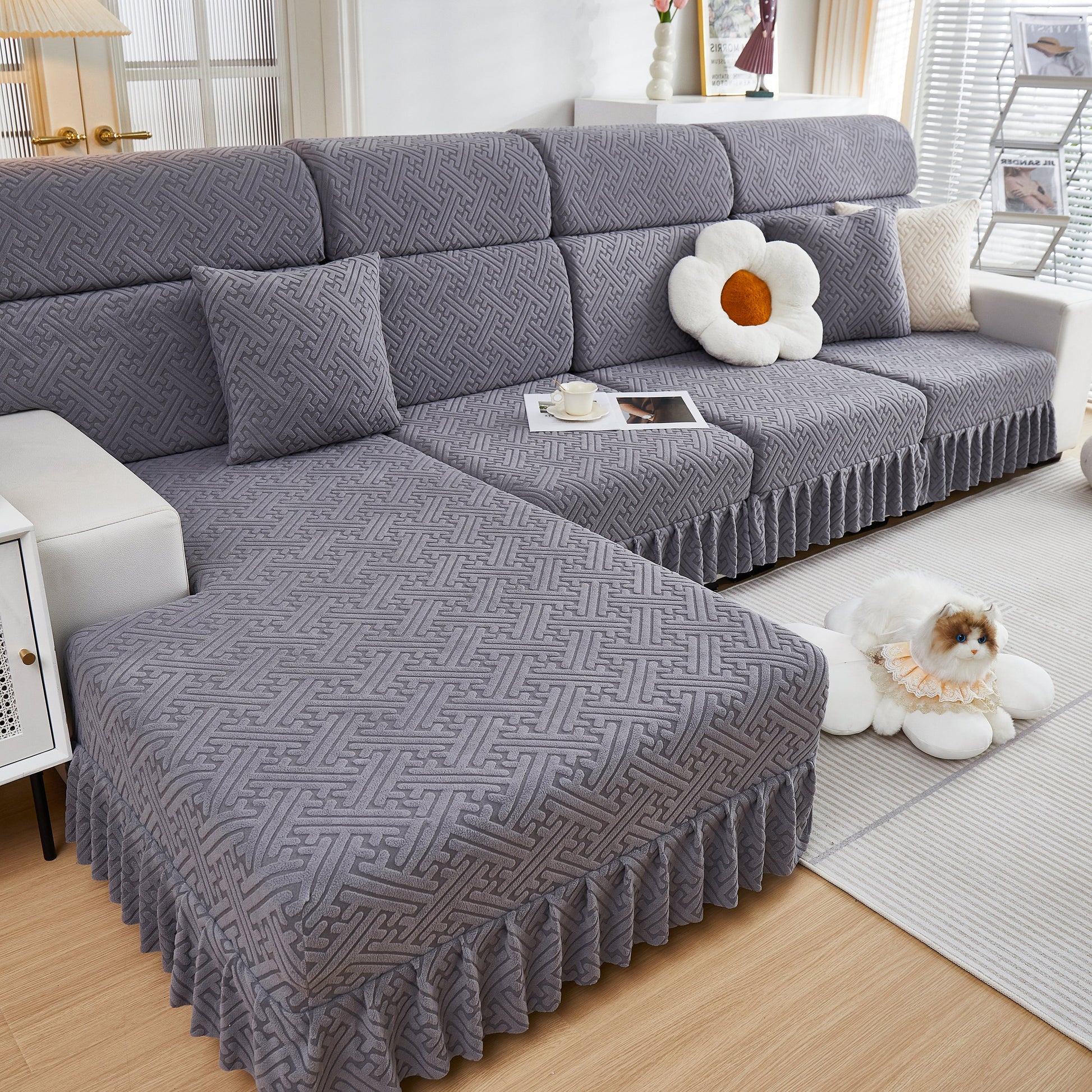 Stretch Sofa Covers with Skirt for Couch Seat and Cushion, Chaise, Sectional, 1/2/3/4 Seater Sofas in a modern living room