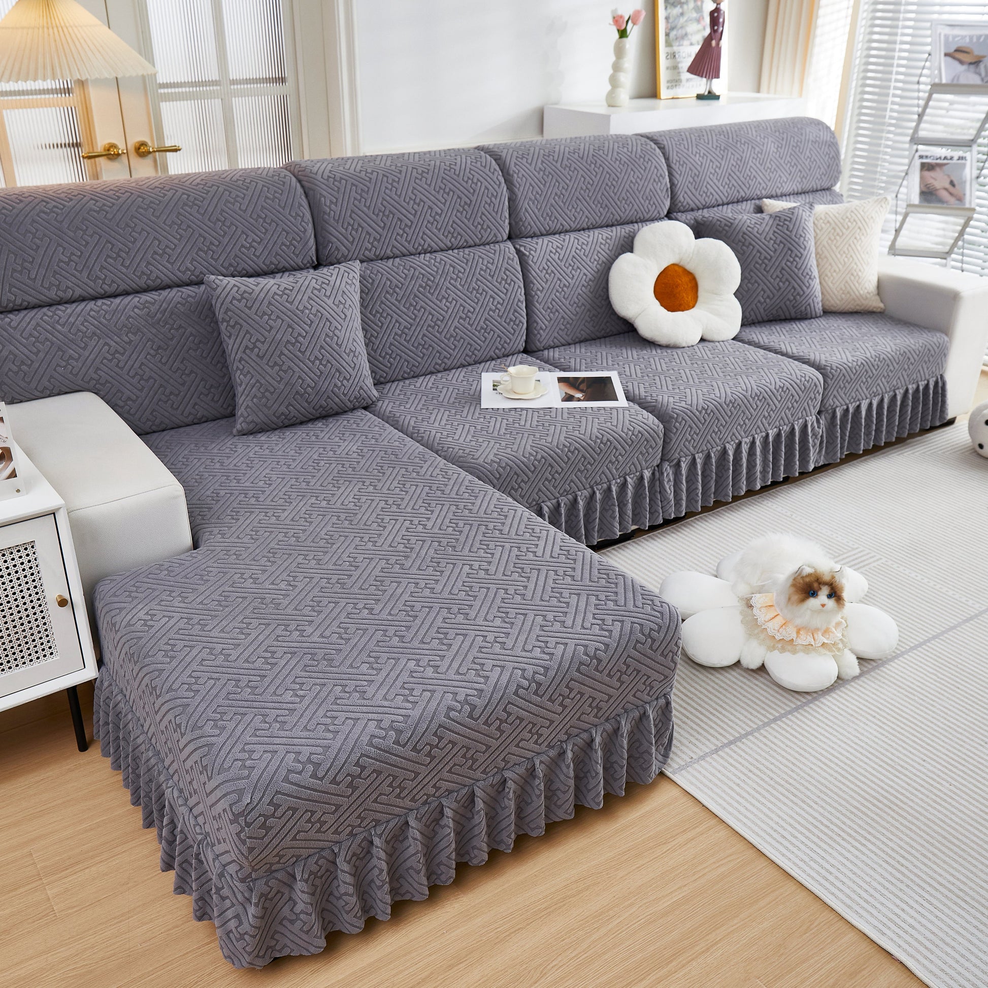 Stretch Sofa Covers with Skirt for Couch Seat and Cushion, Chaise, Sectional, 1/2/3/4 Seater Sofas on a gray couch