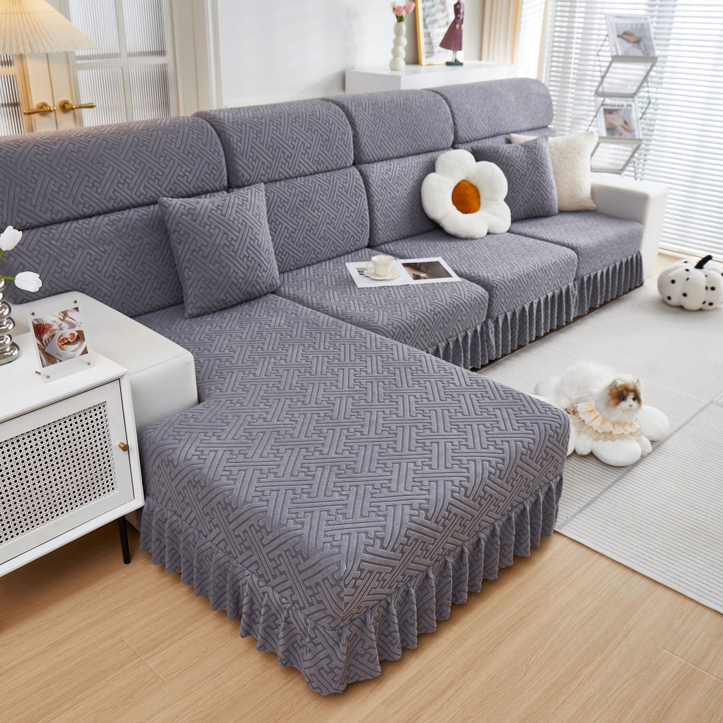 Stretch Sofa Covers with Skirt for Couch Seat and Cushion, Chaise, Sectional, 1/2/3/4 Seater Sofas in stylish living room setting