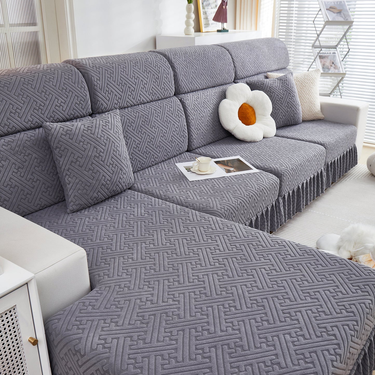 Stretch Sofa Covers with Skirt for Couch Seat and Cushion, Chaise, Sectional, 1/2/3/4 Seater Sofas in modern living room setting