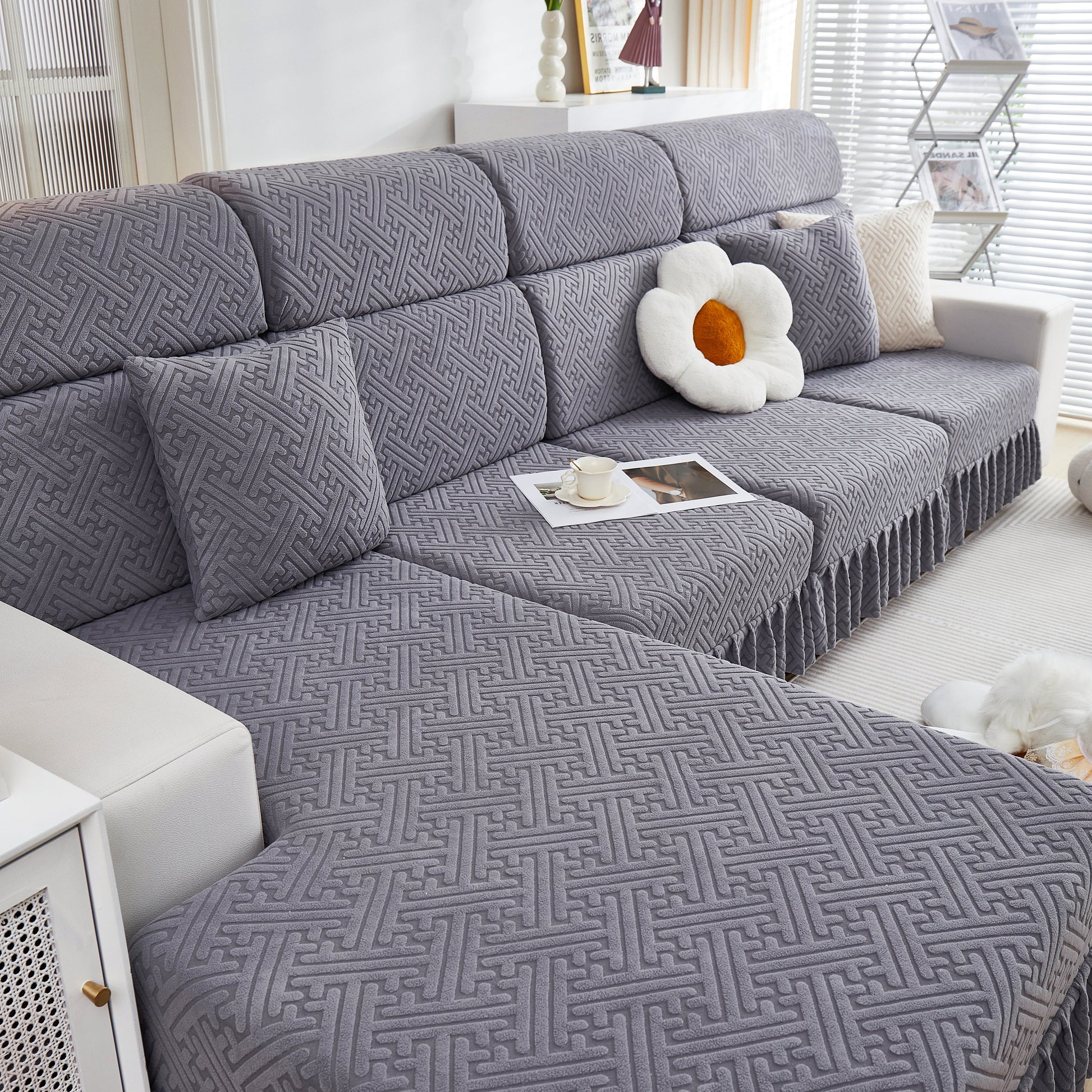 Stretch Sofa Covers with Skirt for Couch Seat and Cushion, Chaise, Sectional, 1/2/3/4 Seater Sofas in modern living room setting