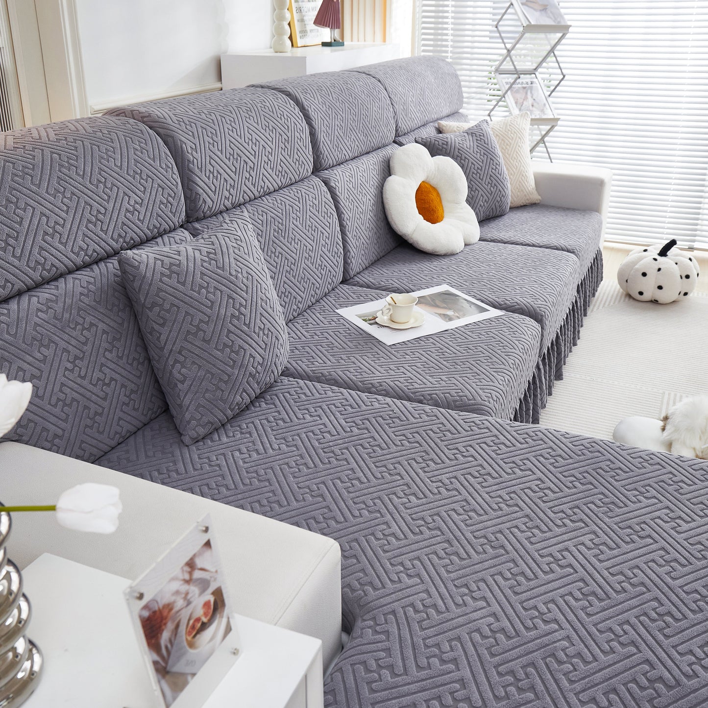 Stretch Sofa Covers with Skirt for Couch Seat and Cushion, Chaise, Sectional, 1/2/3/4 Seater Sofas in modern living room setting