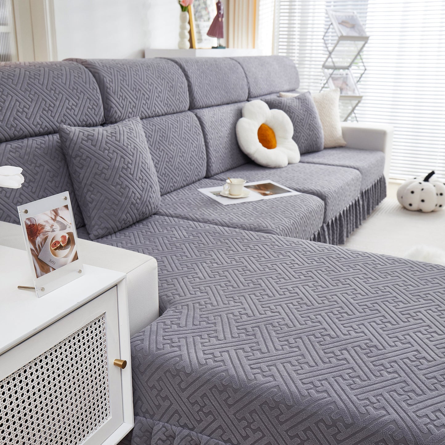 Stretch Sofa Covers with Skirt for Couch Seat and Cushion, Chaise, Sectional, 1/2/3/4 Seater Sofas, shown in stylish living room.