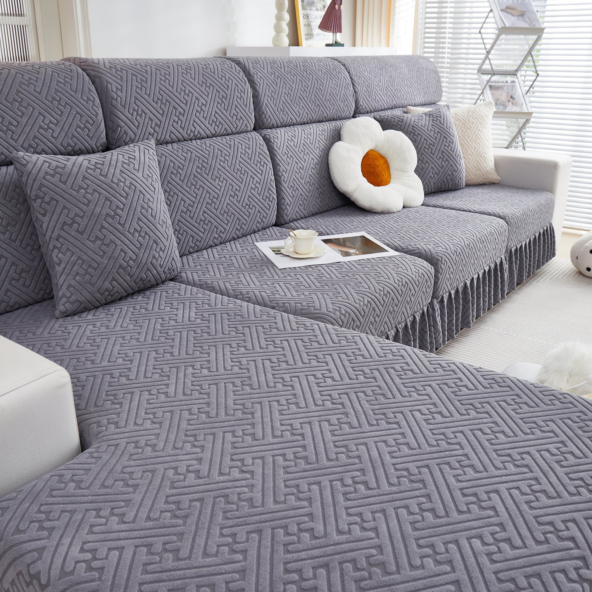Stretch Sofa Covers with Skirt for Couch Seat and Cushion, Chaise, Sectional, 1/2/3/4 Seater Sofas in modern living room setting.