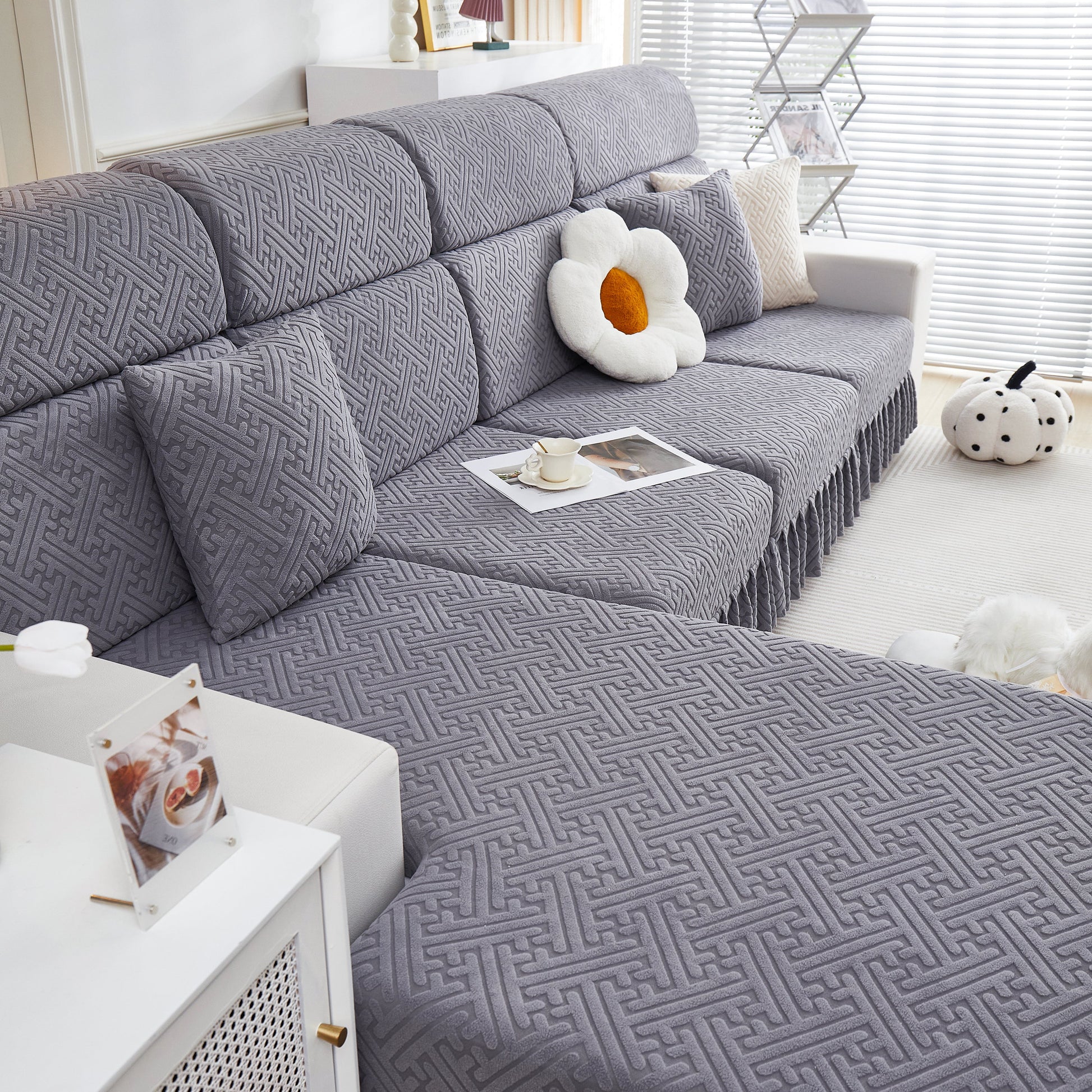 Stretch Sofa Covers with Skirt for Couch Seat and Cushion, Chaise, Sectional, 1/2/3/4 Seater Sofas in modern living room setting