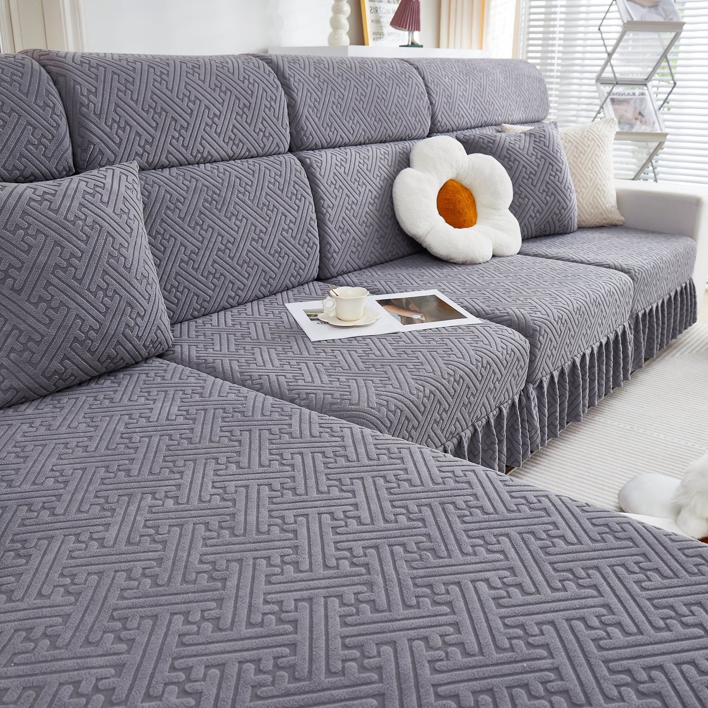 Stretch Sofa Covers with Skirt for Couch Seat and Cushion, Chaise, Sectional, 1/2/3/4 Seater Sofas in grey with decorative pillow