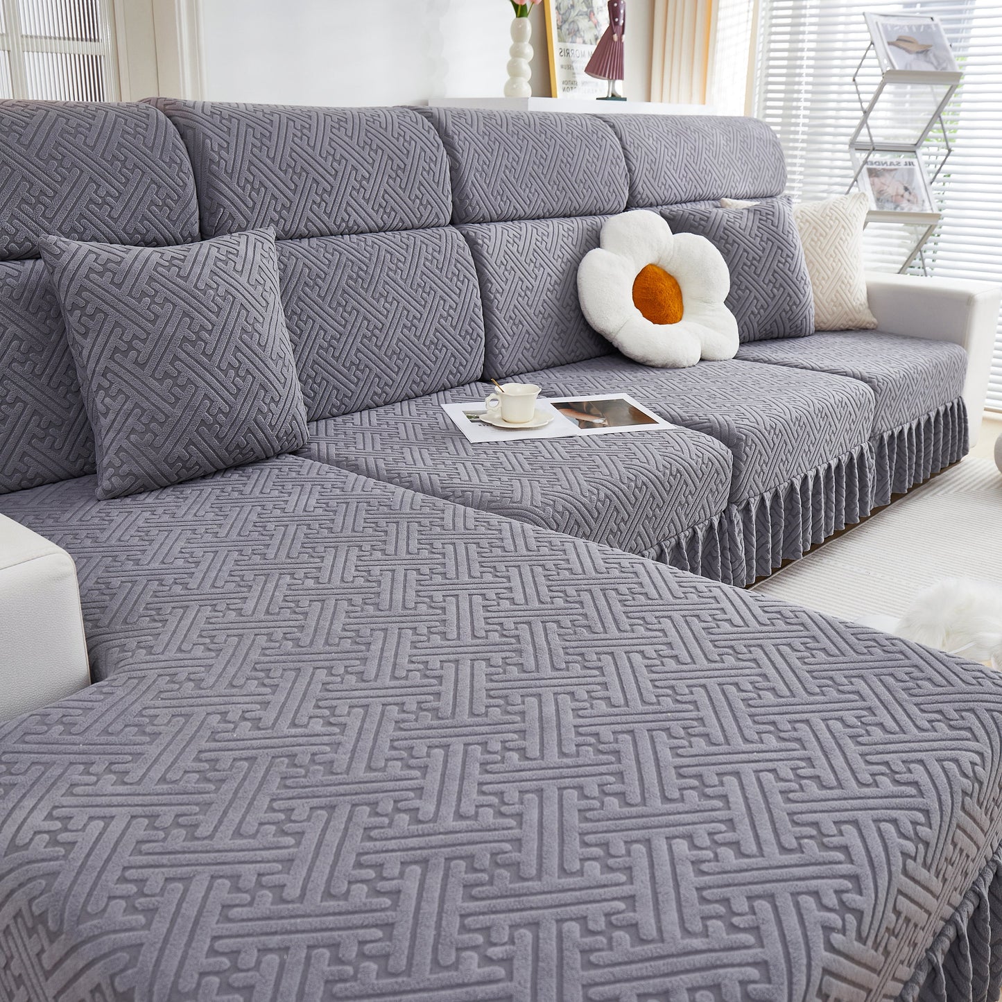 Stretch Sofa Covers with Skirt for Couch Seat and Cushion, grey sectional with flower pillow, living room decor.