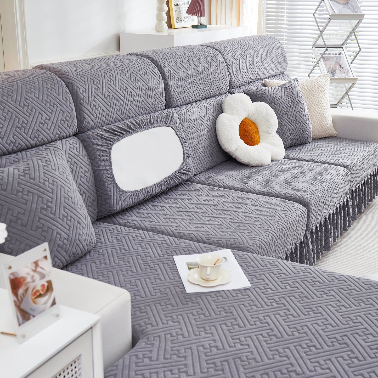 Stretch Sofa Covers with Skirt for Couch Seat and Cushion, Chaise, Sectional, 1/2/3/4 Seater Sofas in a modern living room setting