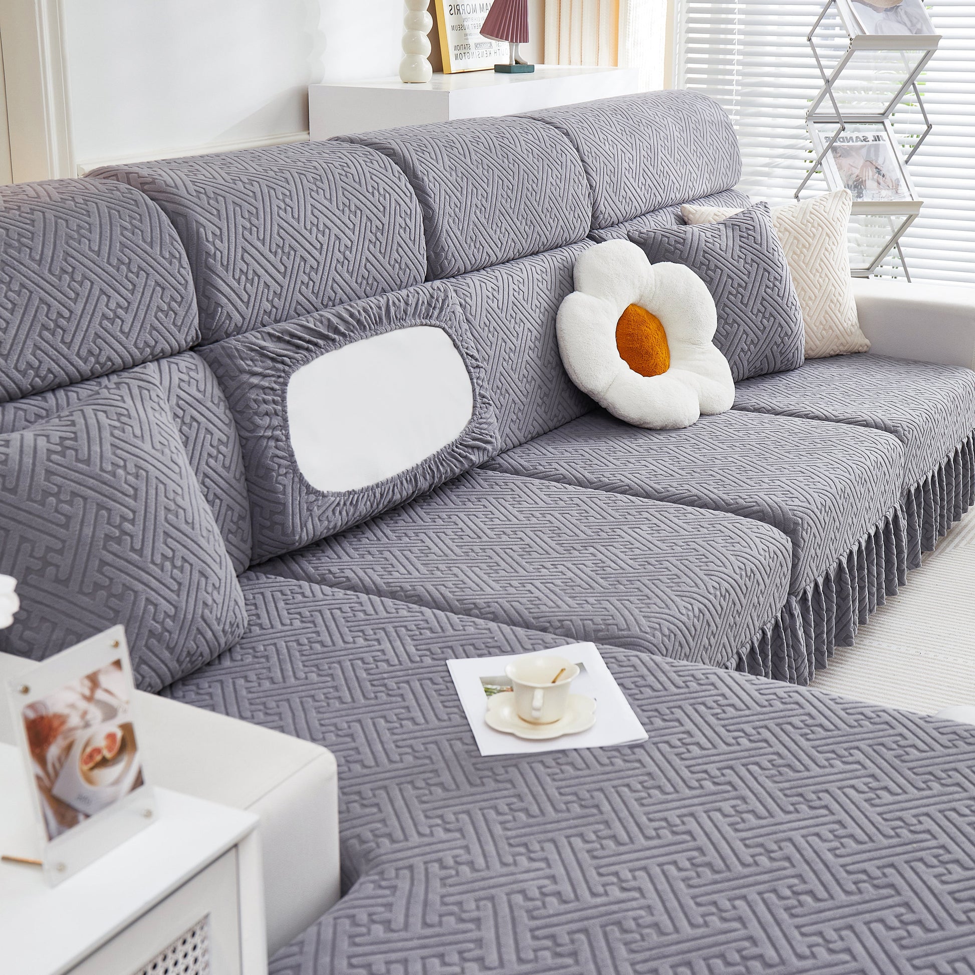 Stretch Sofa Covers with Skirt for Couch Seat and Cushion, Chaise, Sectional, 1/2/3/4 Seater Sofas in a modern living room setting