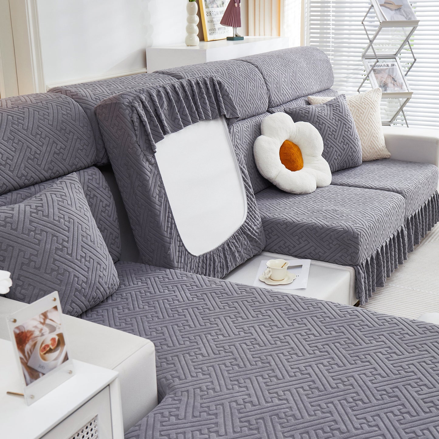 Stretch Sofa Covers with Skirt for Couch Seat and Cushion, Chaise, Sectional, 1/2/3/4 Seater Sofas in a stylish living room.