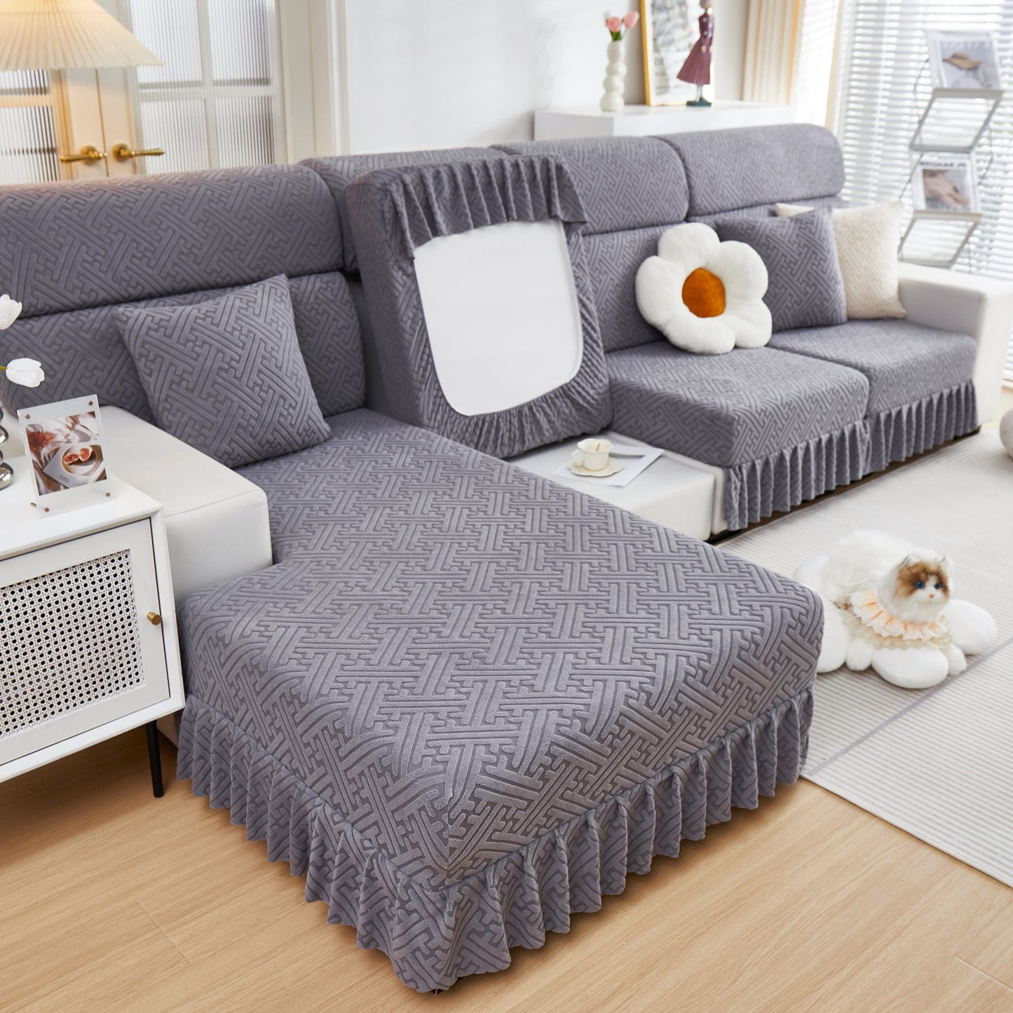 Stretch Sofa Covers with Skirt for Couch Seat and Cushion, Chaise, Sectional, 1/2/3/4 Seater Sofas in a modern living room.