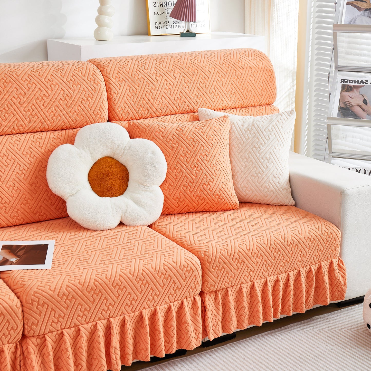 Orange stretch sofa covers with skirt for couch seat and cushion, fitting chaise, sectional, 1/2/3/4 seater sofas in stylish living room.