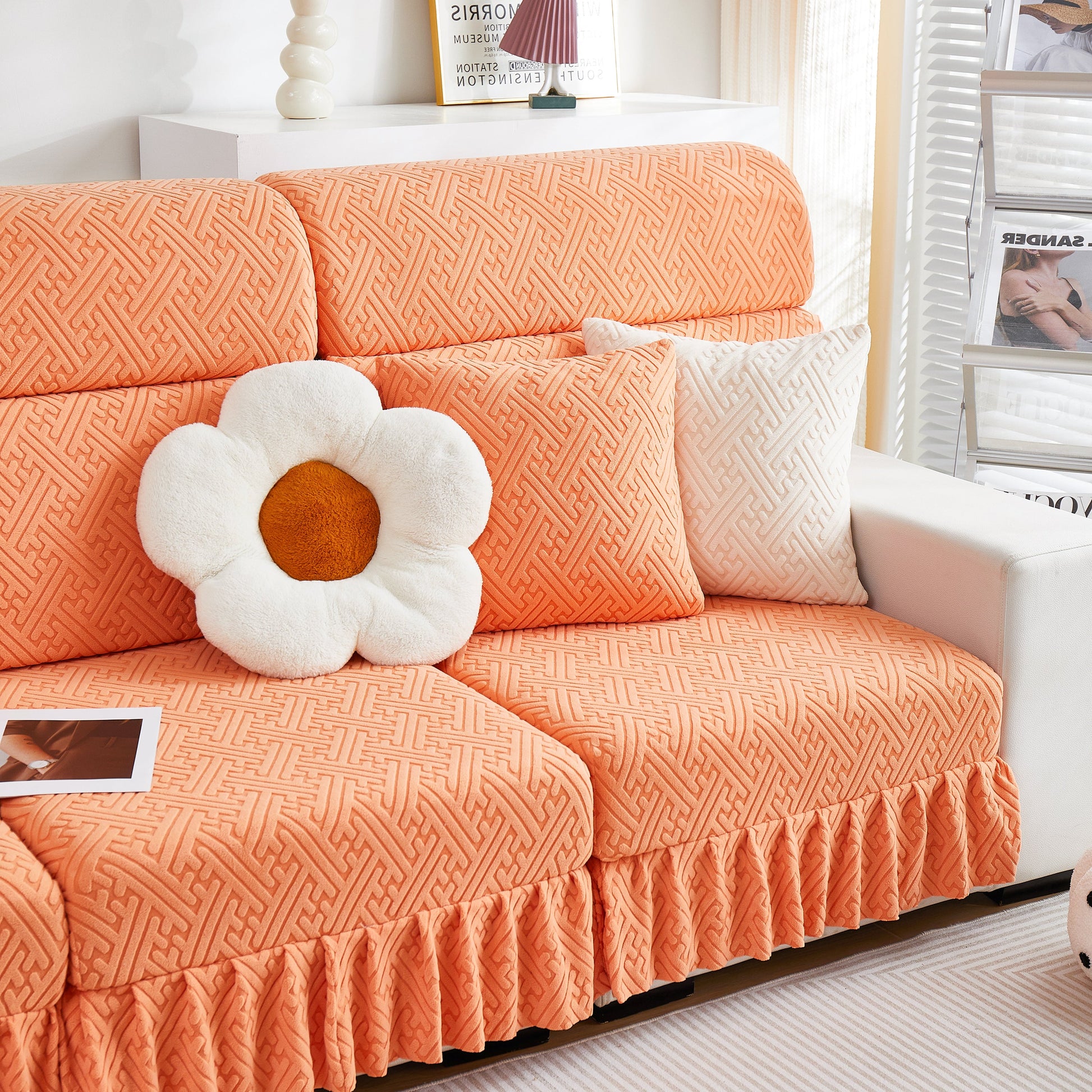 Orange stretch sofa covers with skirt for couch seat and cushion, fitting chaise, sectional, 1/2/3/4 seater sofas in stylish living room.