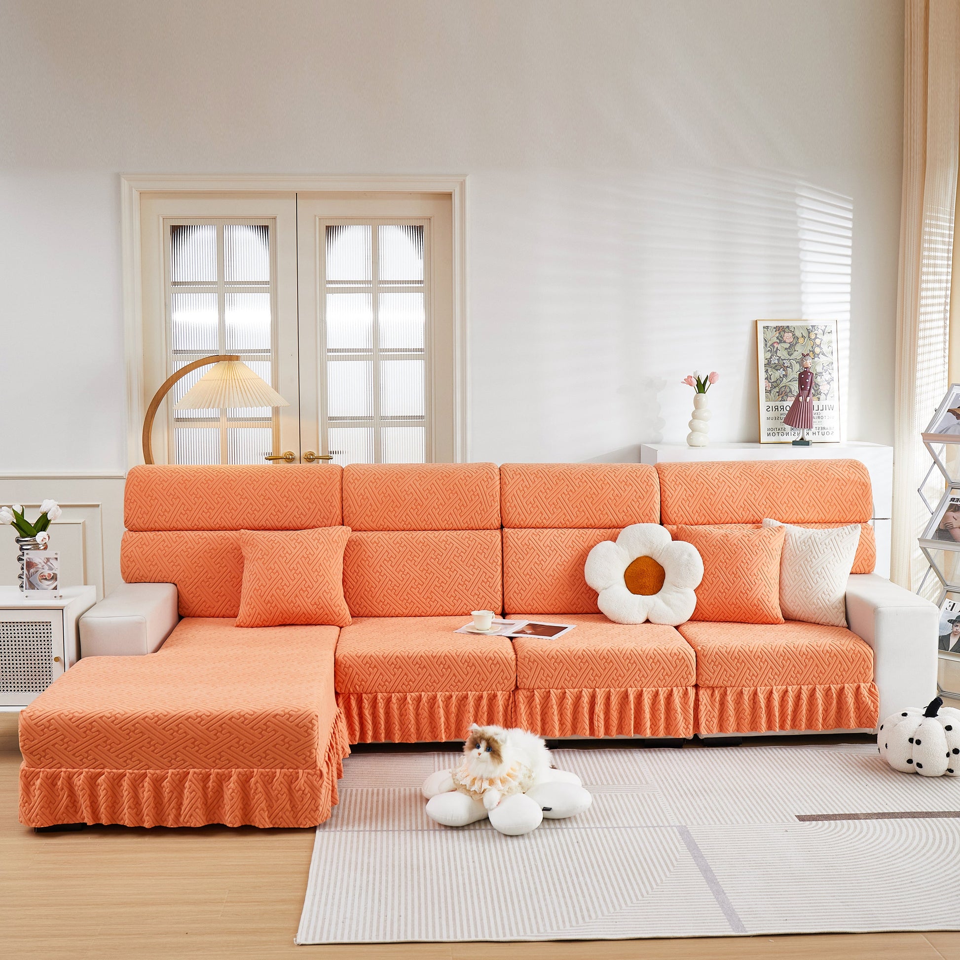 Stretch Sofa Covers with Skirt for Couch Seat and Cushion, Chaise, Sectional, 1/2/3/4 Seater Sofas in a living room setting