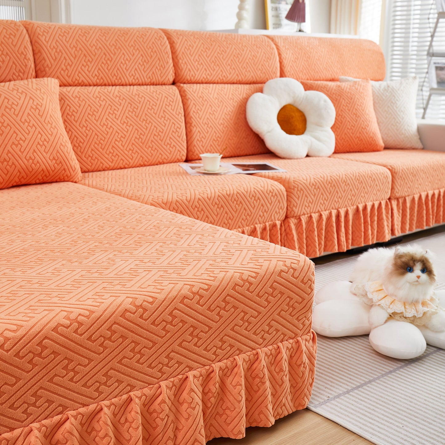 Stretch Sofa Covers with Skirt for Couch Seat and Cushion, Chaise, Sectional, 1/2/3/4 Seater Sofas in a living room setting