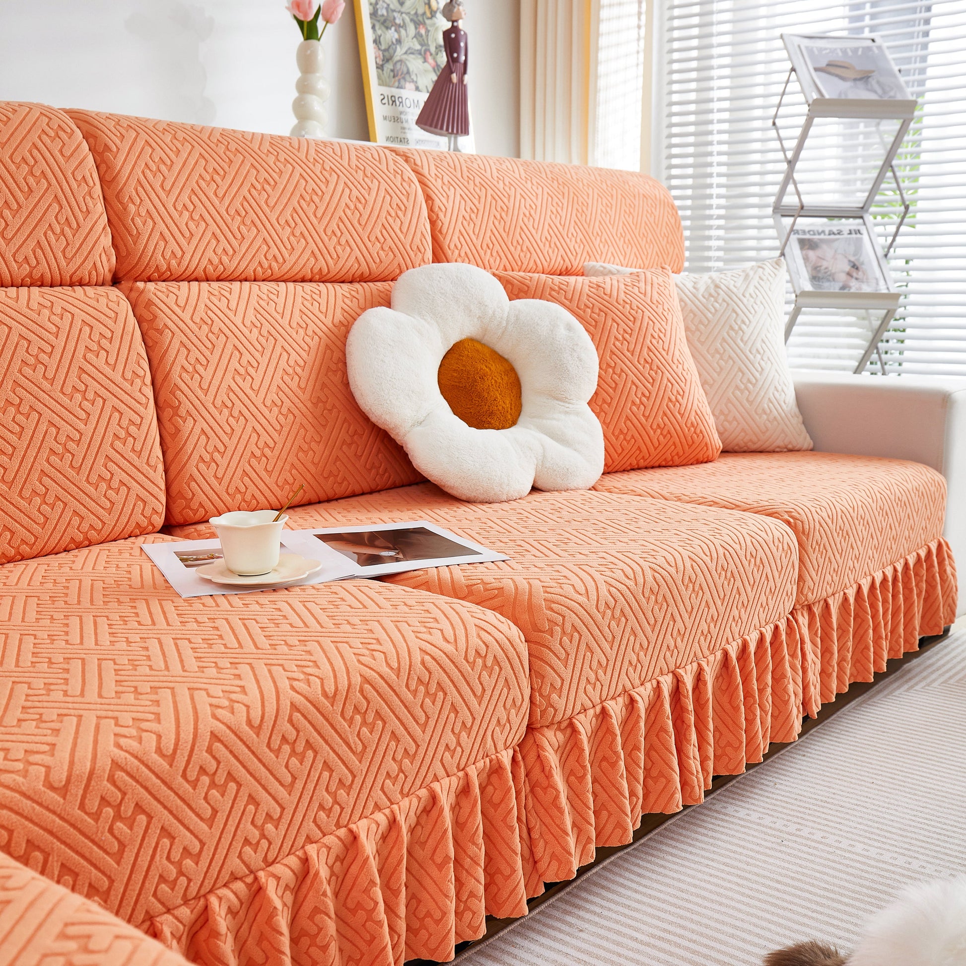 Stretch Sofa Covers with Skirt for Couch Seat and Cushion, Chaise, Sectional, 1/2/3/4 Seater Sofas in living room setting