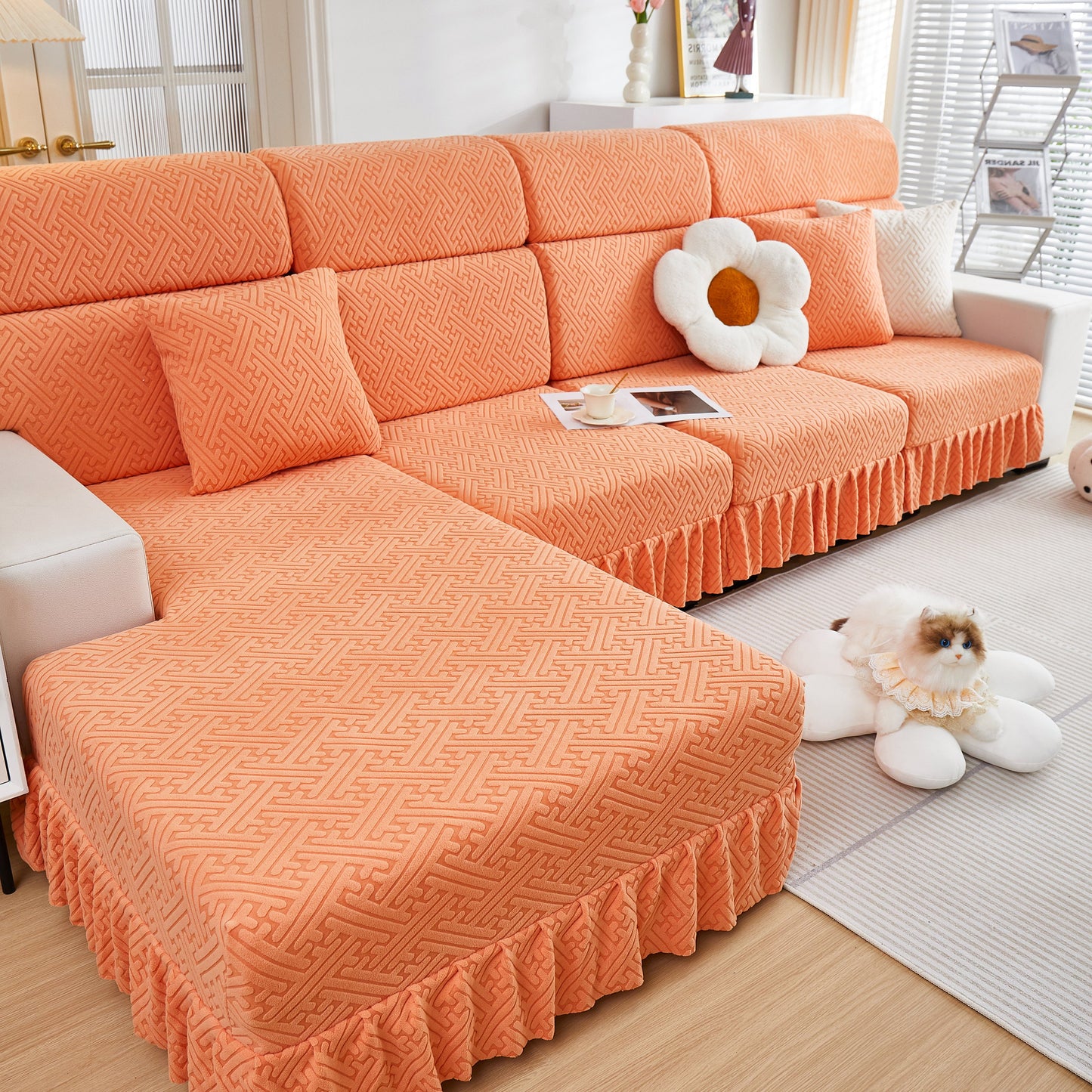 Stretch Sofa Covers with Skirt for Couch Seat and Cushion, Chaise, Sectional, 1/2/3/4 Seater Sofas in stylish living room