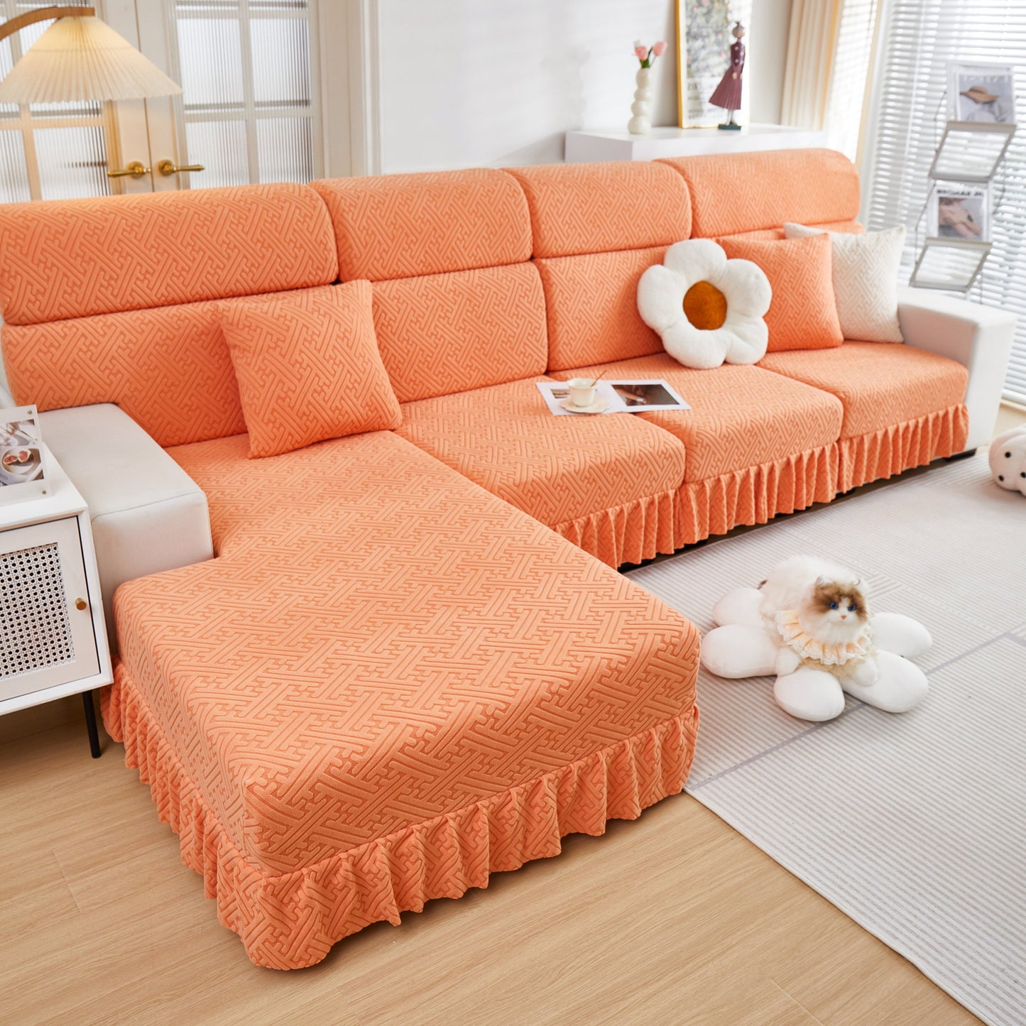 Stretch Sofa Covers with Skirt for Couch Seat and Cushion, Chaise, Sectional, 1/2/3/4 Seater Sofas in vibrant orange color