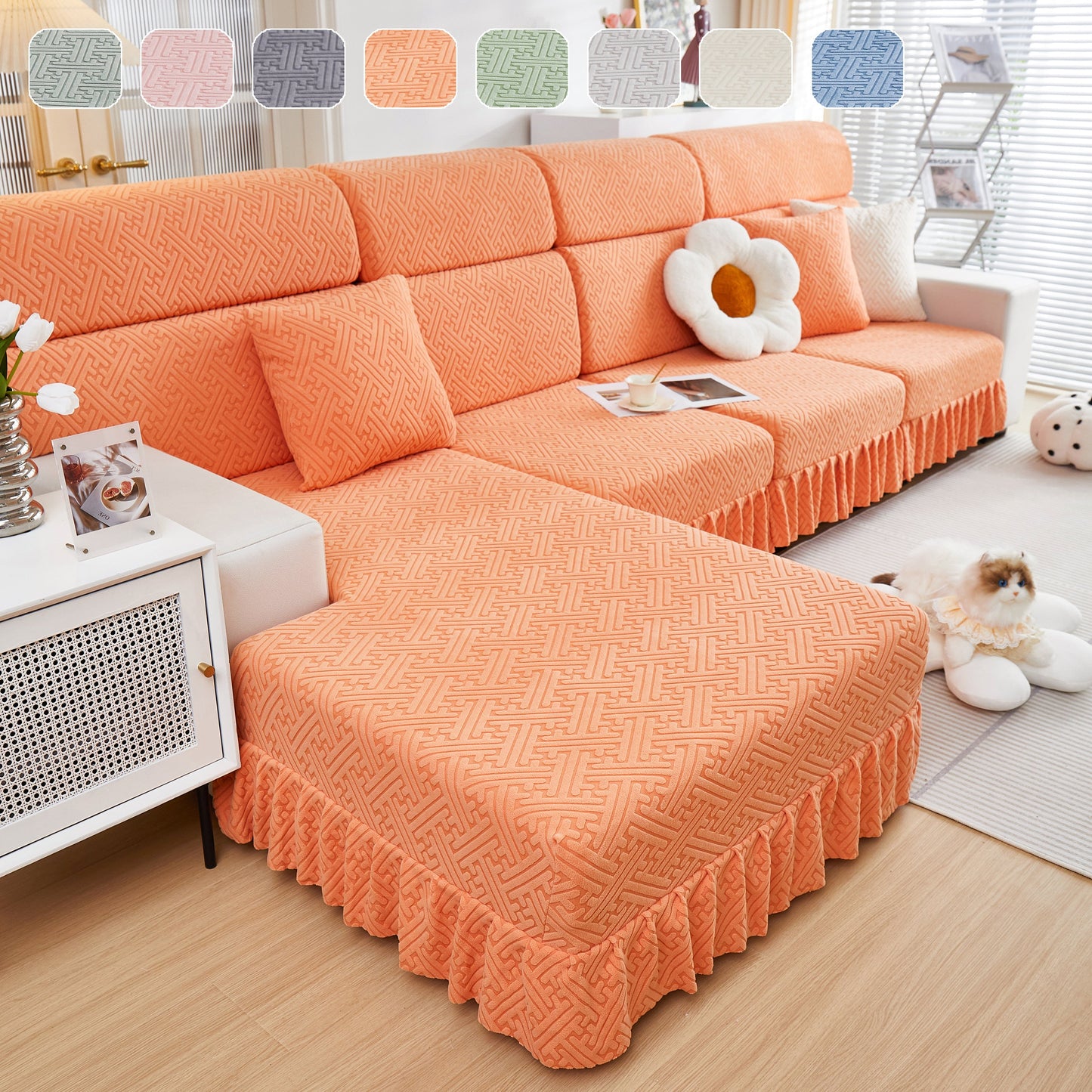 Stretch Sofa Covers with Skirt for Couch Seat and Cushion, Chaise, Sectional, 1/2/3/4 Seater Sofas in living room setting