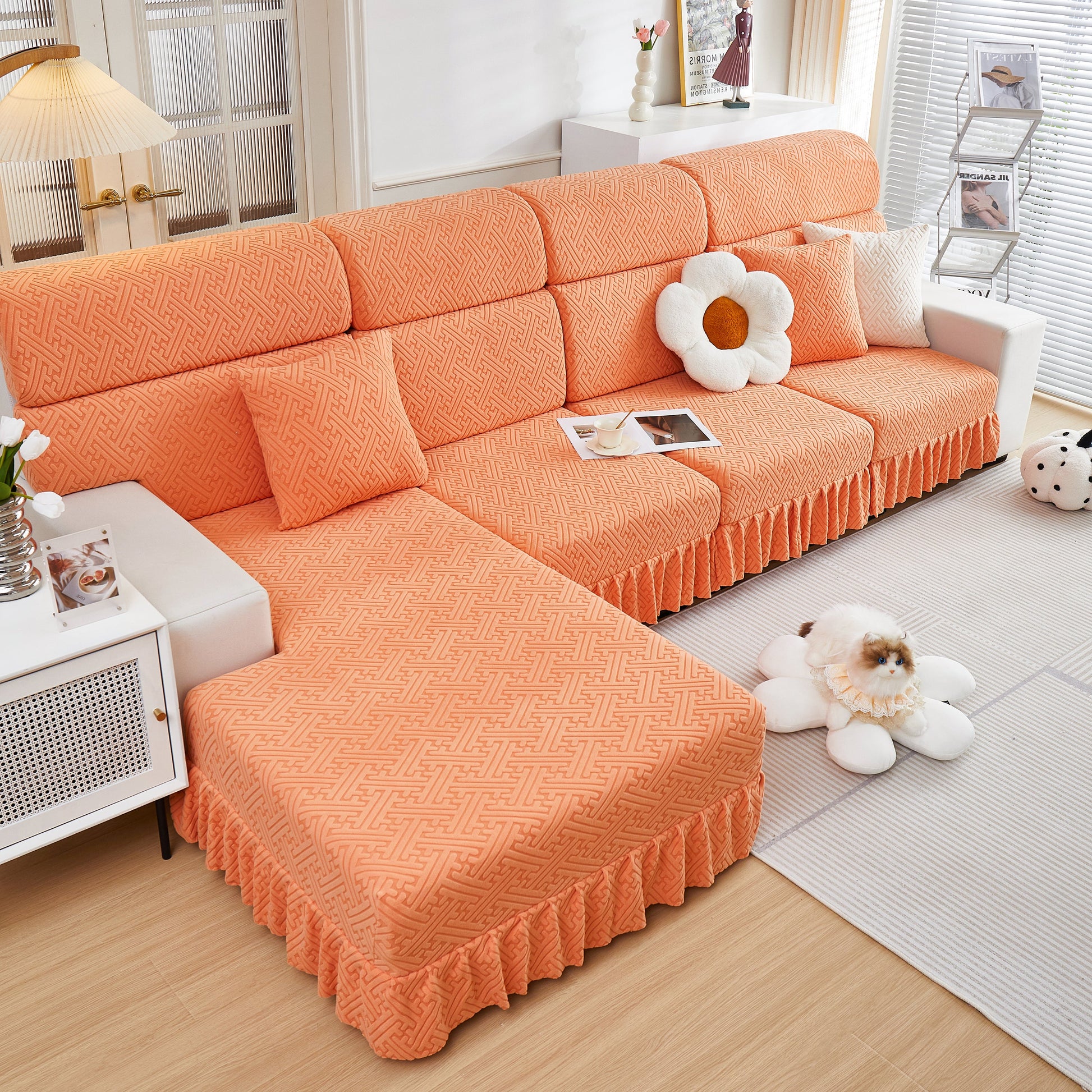 Stretch Sofa Covers with Skirt for Couch Seat and Cushion, Chaise, Sectional, 1/2/3/4 Seater Sofas in a cozy living room setting