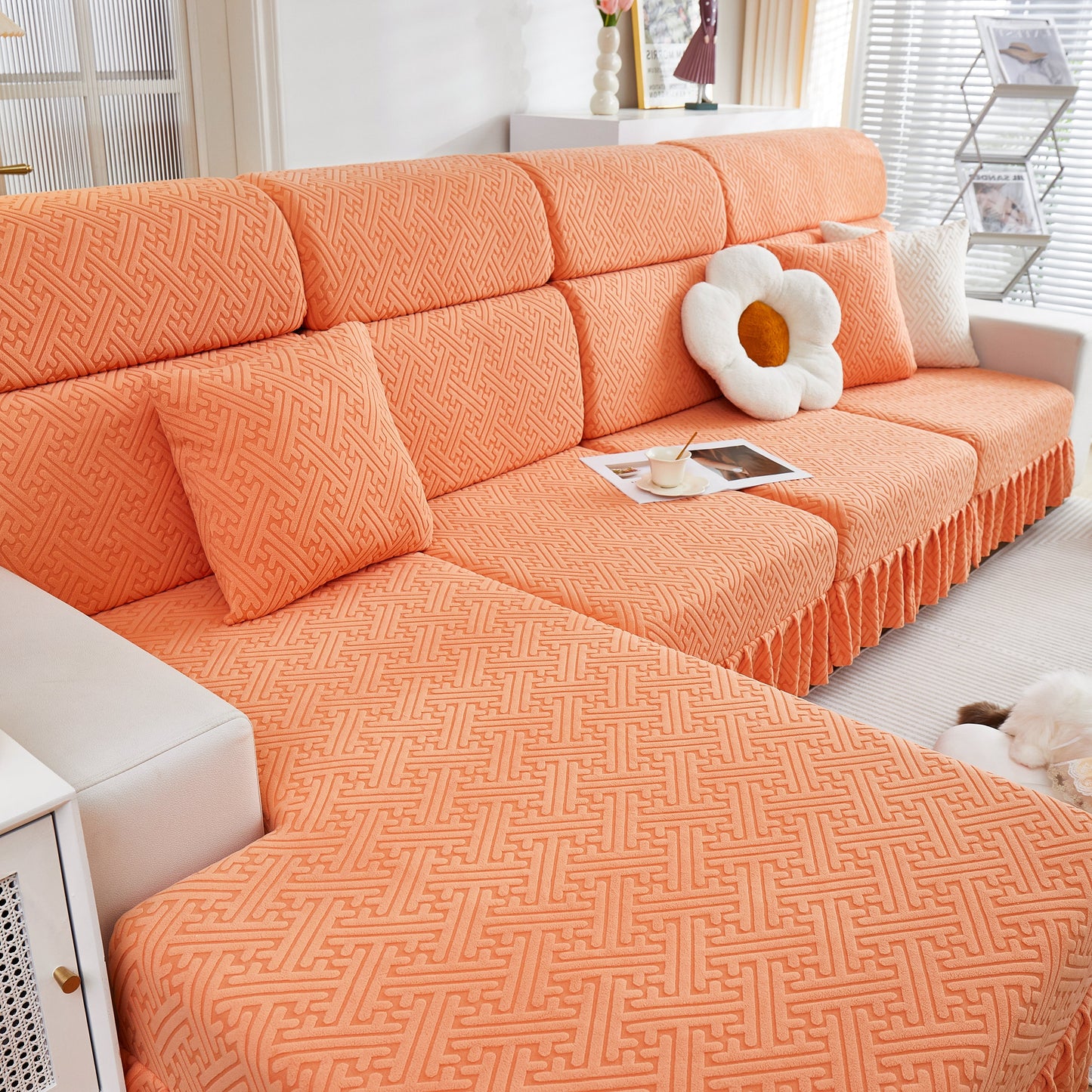 Stretch Sofa Covers with Skirt for Couch Seat and Cushion, Chaise, Sectional, 1/2/3/4 Seater Sofas in living room setting.
