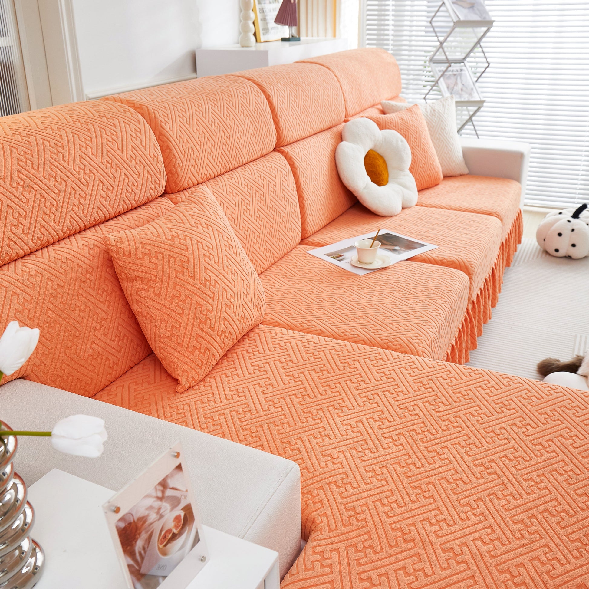 Stretch Sofa Covers with Skirt for Couch Seat and Cushion, Chaise, Sectional, 1/2/3/4 Seater Sofas in a living room setting