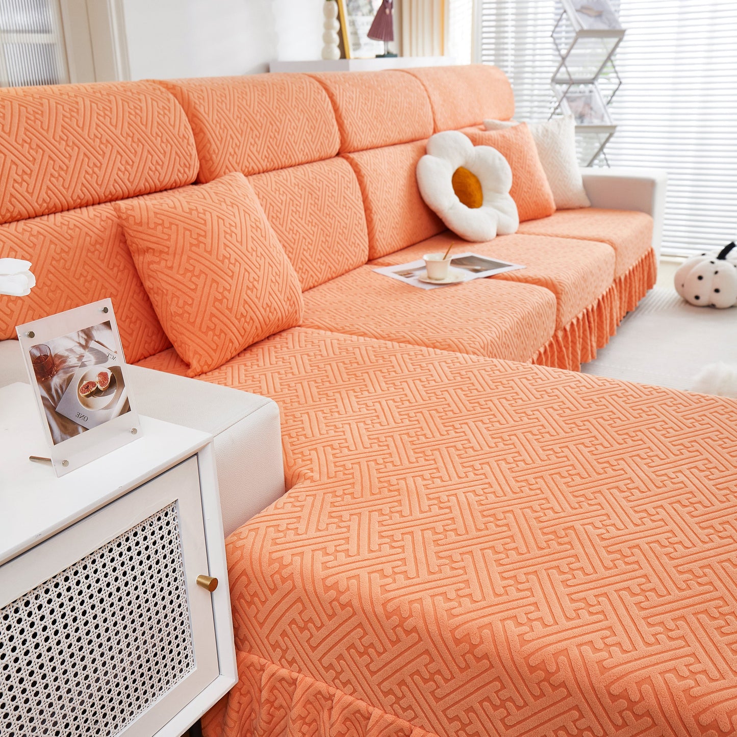 Stretch Sofa Covers with Skirt for Couch Seat and Cushion, Chaise, Sectional, 1/2/3/4 Seater Sofas in a living room setting.