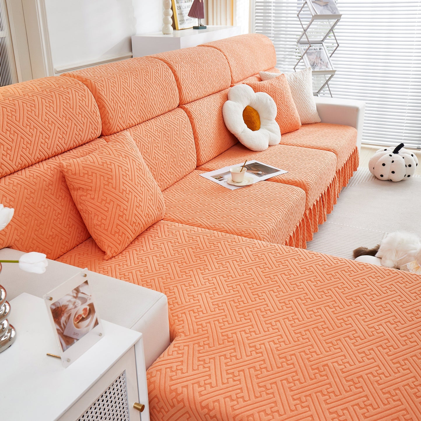 Stretch Sofa Covers with Skirt for Couch Seat and Cushion, Chaise, Sectional, 1/2/3/4 Seater Sofas in vibrant living room setting