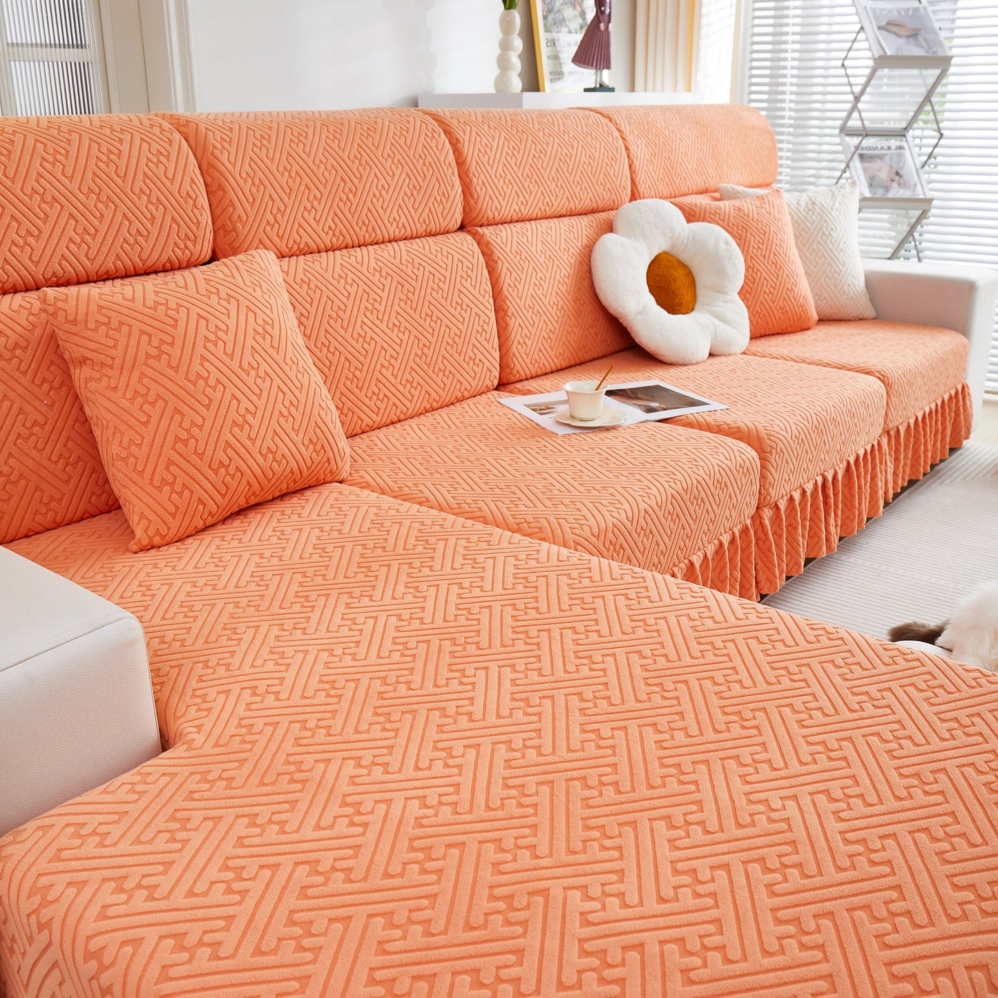 Stretch Sofa Covers with Skirt for Couch Seat and Cushion, Chaise, Sectional, 1/2/3/4 Seater Sofas in orange pattern