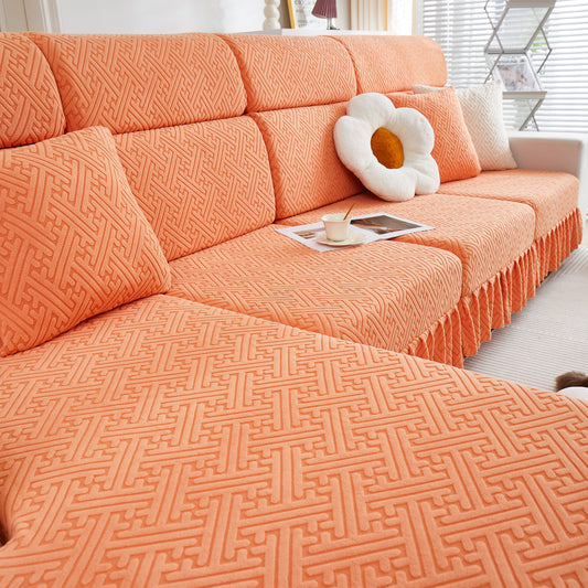 Stretch Sofa Covers with Skirt for Couch Seat and Cushion, Chaise, Sectional, 1/2/3/4 Seater Sofas in orange pattern