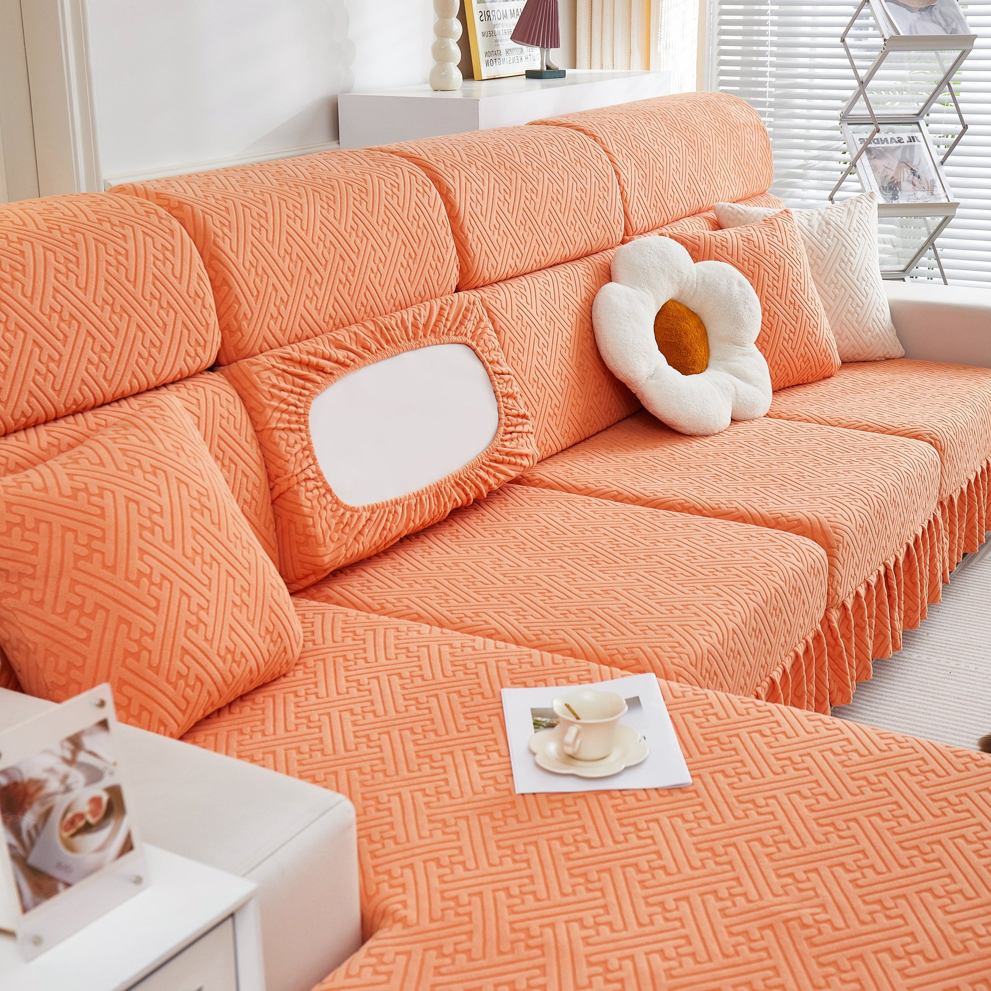Orange Stretch Sofa Covers with Skirt for Couch Seat and Cushion, Chaise, Sectional, 1/2/3/4 Seater Sofas in living room.